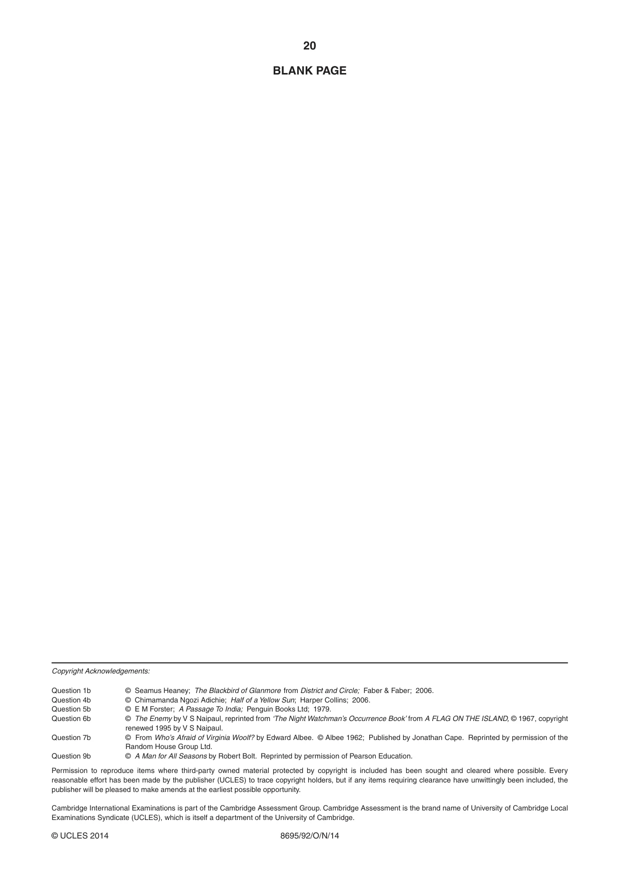 Cambridge A Level English - Language and Literature (AS Level only, from 2016) 8695 2014 Oct/Nov Paper 9 · Variant 2 question paper, page 20 of 20