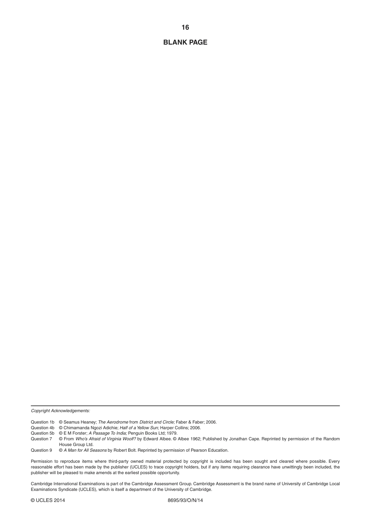 Cambridge A Level English - Language and Literature (AS Level only, from 2016) 8695 2014 Oct/Nov Paper 9 · Variant 3 question paper, page 16 of 16