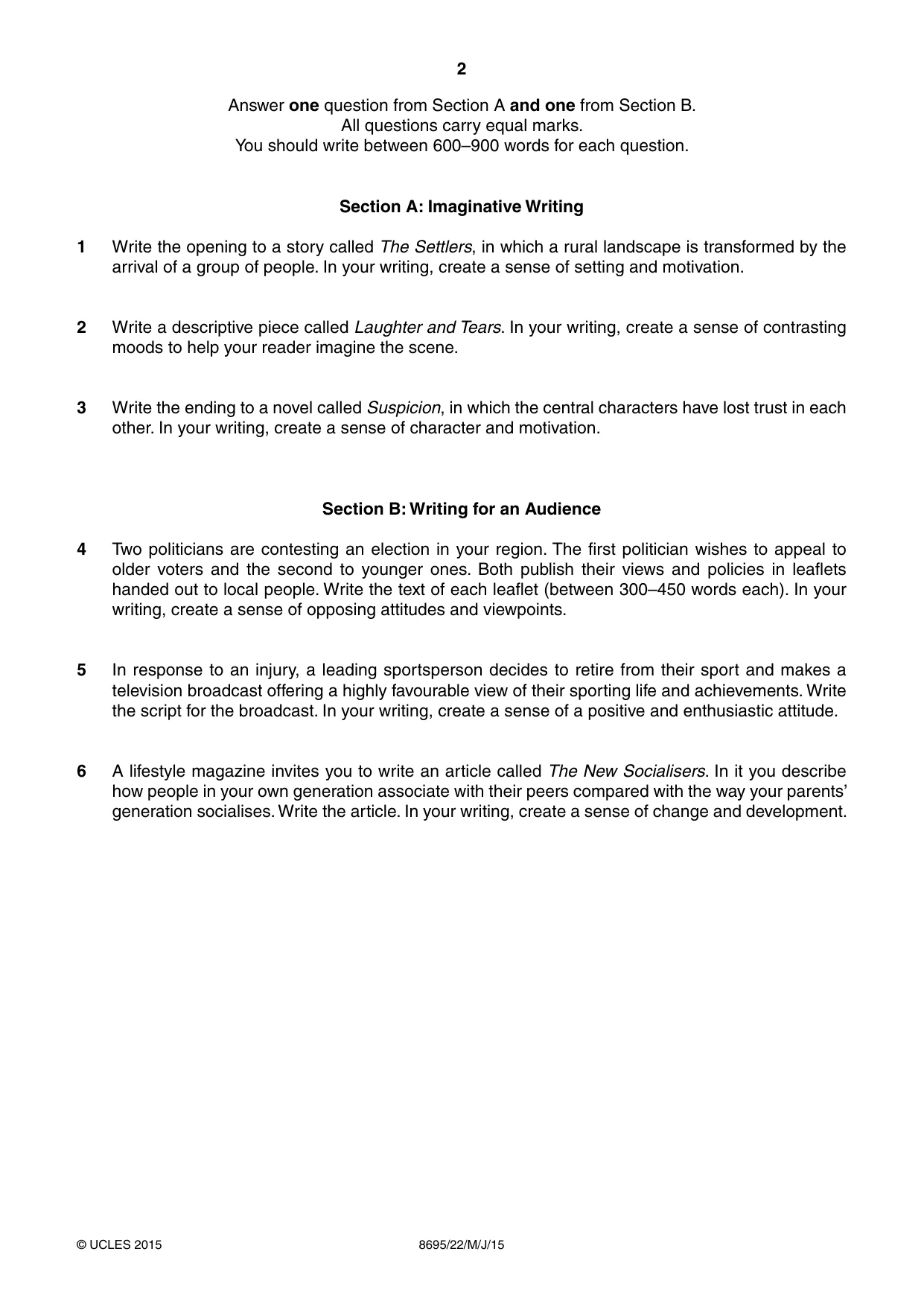 Cambridge A Level English - Language and Literature (AS Level only, from 2016) 8695 2015 May/June Paper 2 · Variant 2 question paper, page 2 of 4