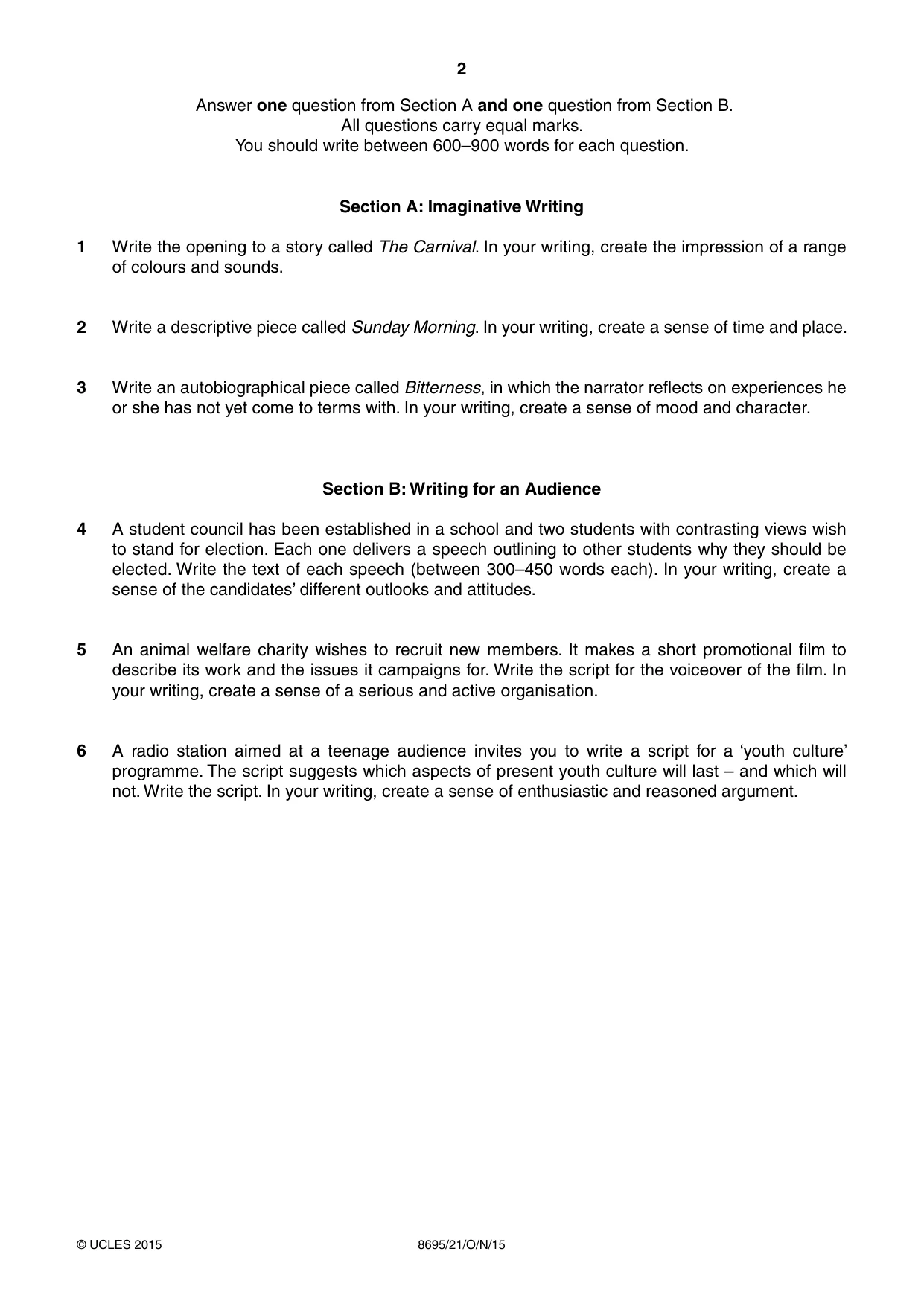 Cambridge A Level English - Language and Literature (AS Level only, from 2016) 8695 2015 Oct/Nov Paper 2 · Variant 1 question paper, page 2 of 4