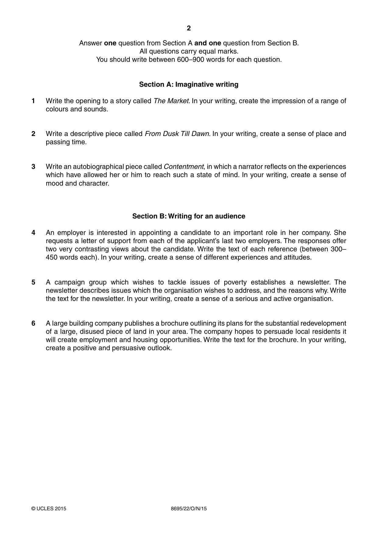 Cambridge A Level English - Language and Literature (AS Level only, from 2016) 8695 2015 Oct/Nov Paper 2 · Variant 2 question paper, page 2 of 4