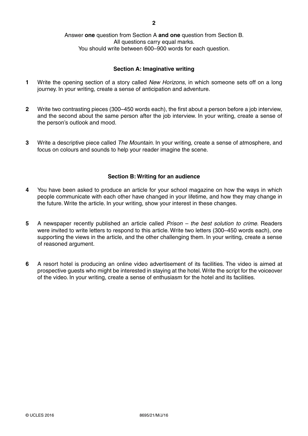 Cambridge A Level English - Language and Literature (AS Level only, from 2016) 8695 2016 May/June Paper 2 · Variant 1 question paper, page 2 of 4