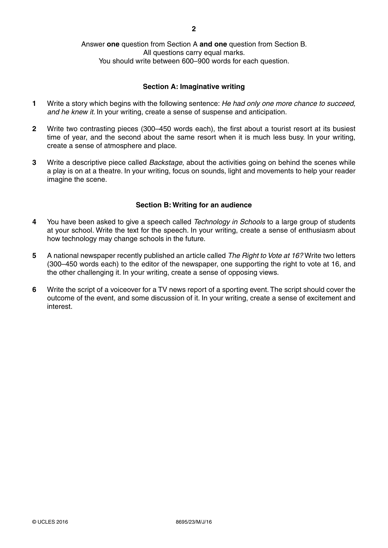 Cambridge A Level English - Language and Literature (AS Level only, from 2016) 8695 2016 May/June Paper 2 · Variant 3 question paper, page 2 of 4
