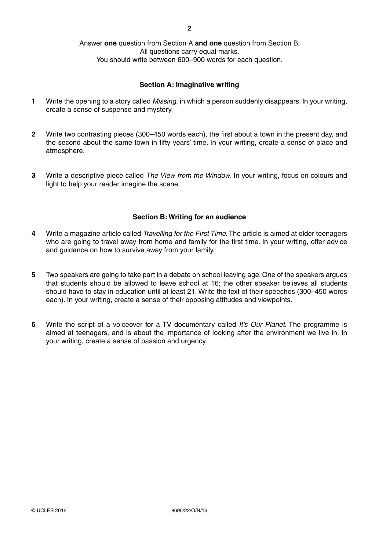 Cambridge A Level English - Language and Literature (AS Level only, from 2016) 8695 2016 Oct/Nov Paper 2 · Variant 2 question paper, page 2 of 4