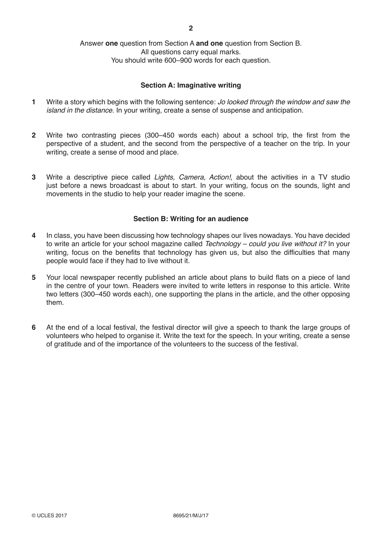 Cambridge A Level English - Language and Literature (AS Level only, from 2016) 8695 2017 May/June Paper 2 · Variant 1 question paper, page 2 of 4