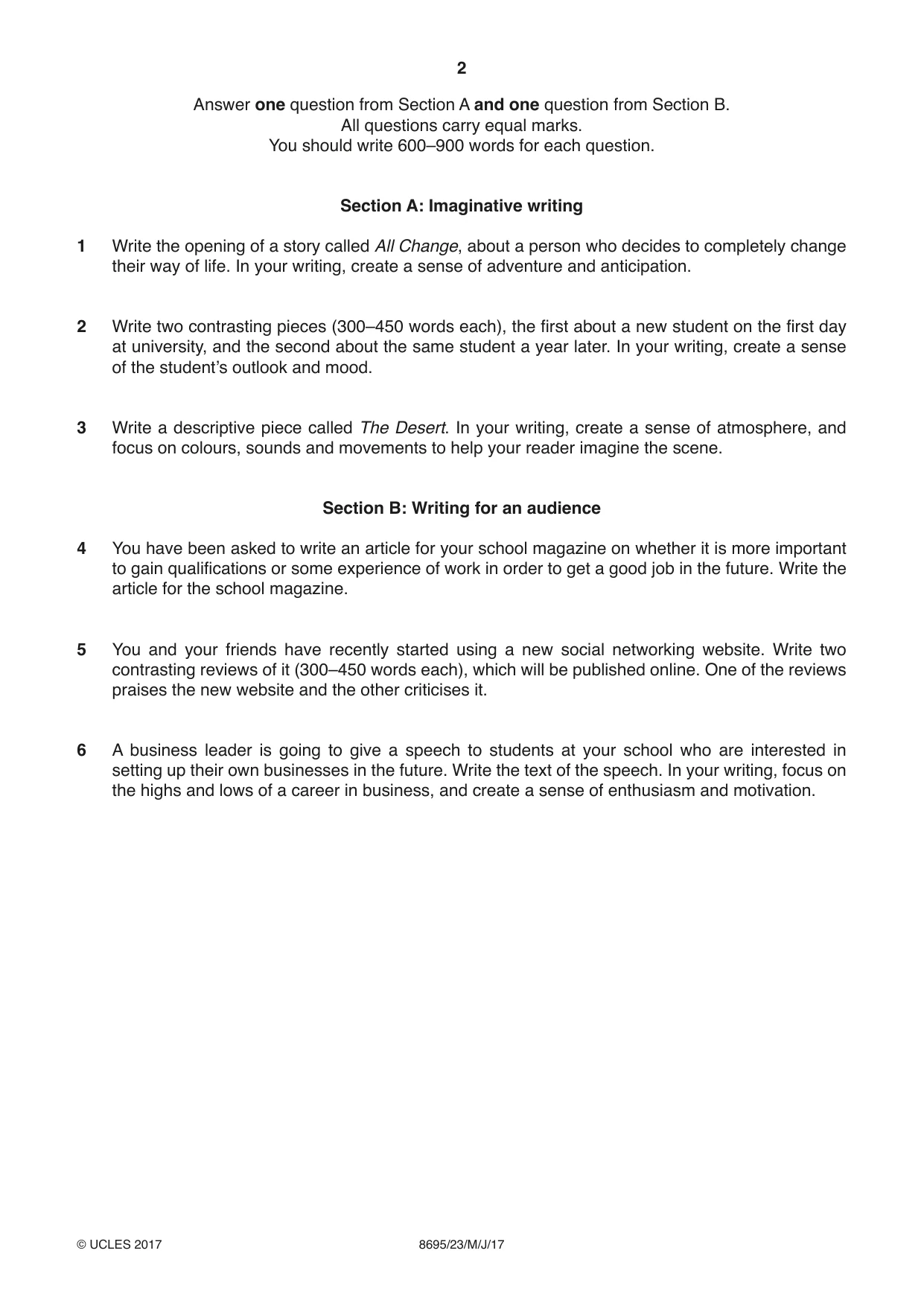 Cambridge A Level English - Language and Literature (AS Level only, from 2016) 8695 2017 May/June Paper 2 · Variant 3 question paper, page 2 of 4