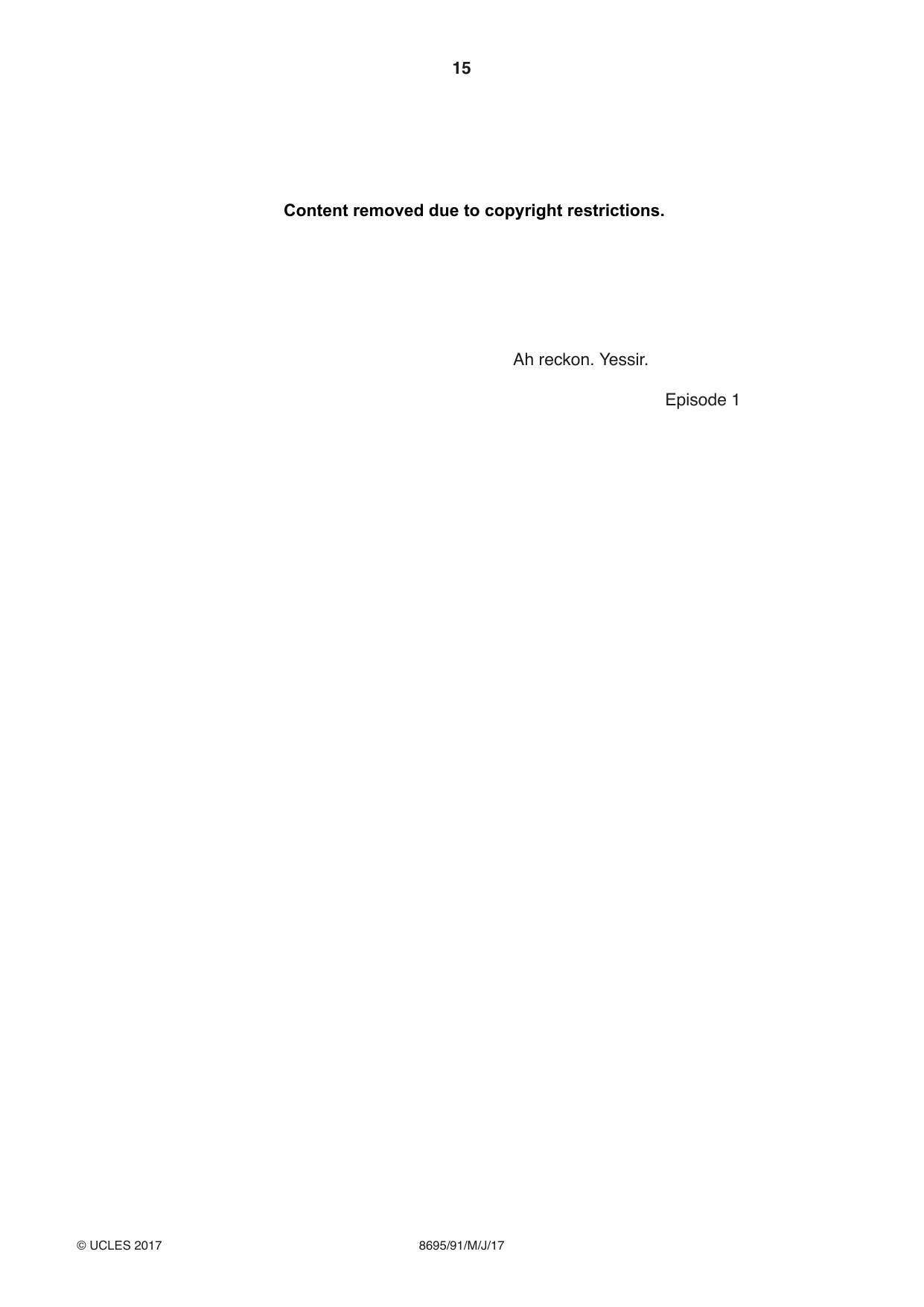 Cambridge A Level English - Language and Literature (AS Level only, from 2016) 8695 2017 May/June Paper 9 · Variant 1 question paper, page 15 of 16