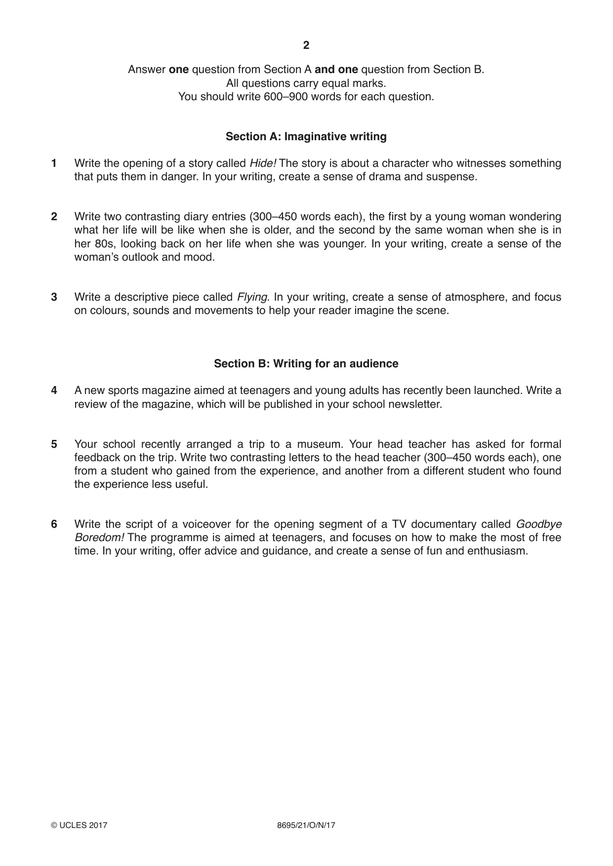 Cambridge A Level English - Language and Literature (AS Level only, from 2016) 8695 2017 Oct/Nov Paper 2 · Variant 1 question paper, page 2 of 4
