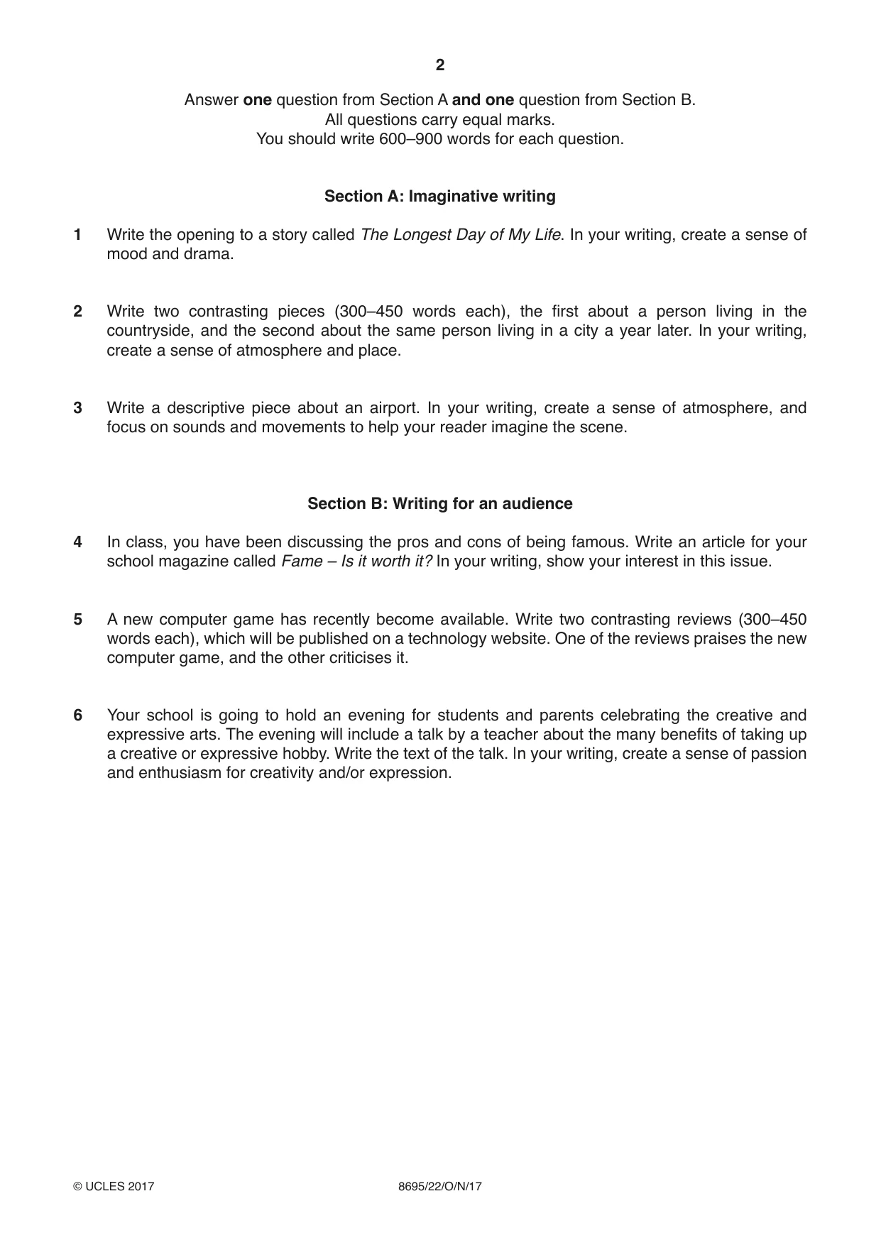 Cambridge A Level English - Language and Literature (AS Level only, from 2016) 8695 2017 Oct/Nov Paper 2 · Variant 2 question paper, page 2 of 4