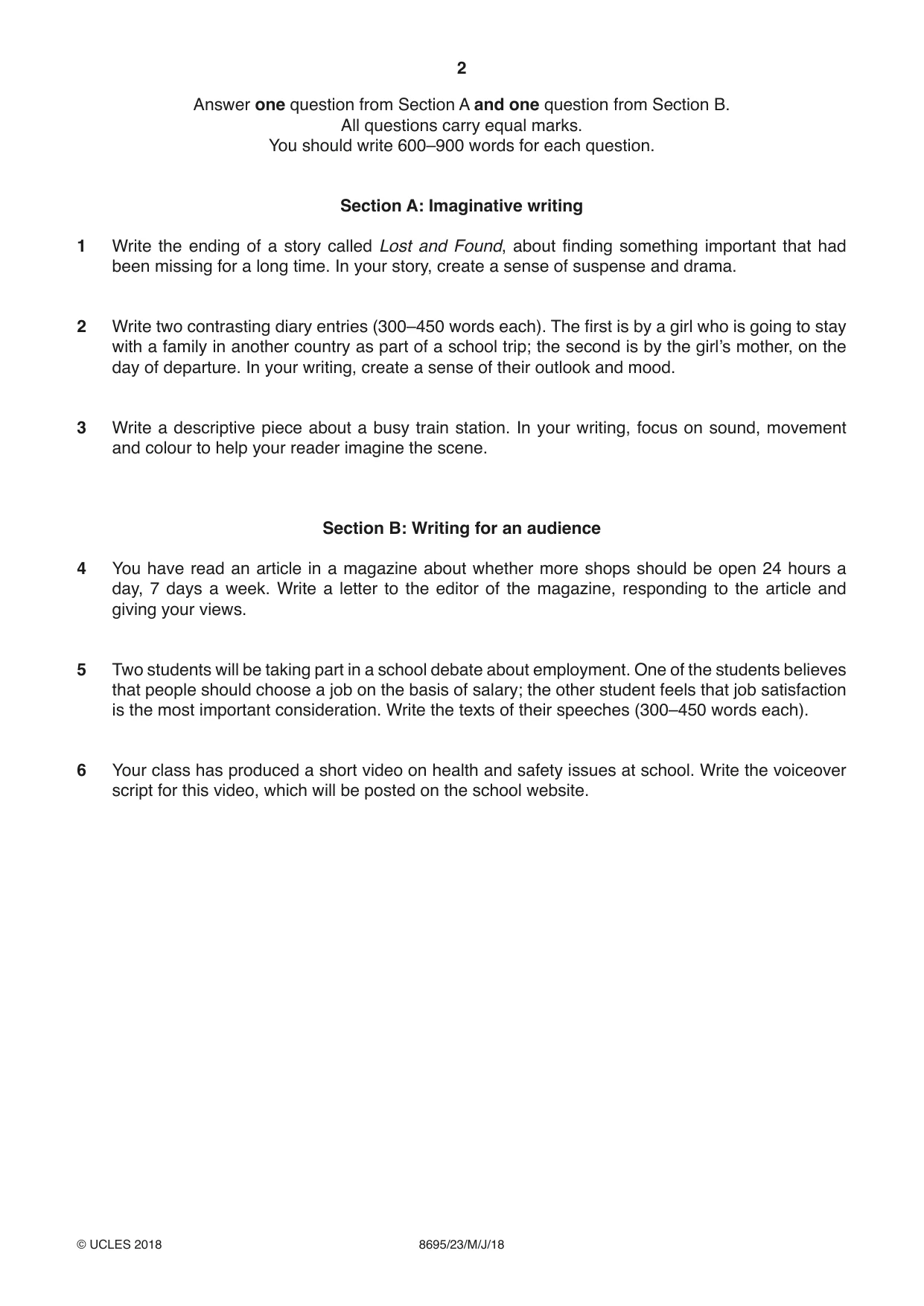Cambridge A Level English - Language and Literature (AS Level only, from 2016) 8695 2018 May/June Paper 2 · Variant 3 question paper, page 2 of 4