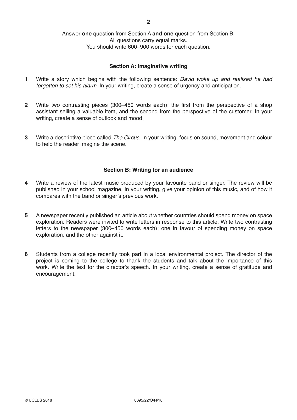 Cambridge A Level English - Language and Literature (AS Level only, from 2016) 8695 2018 Oct/Nov Paper 2 · Variant 2 question paper, page 2 of 4