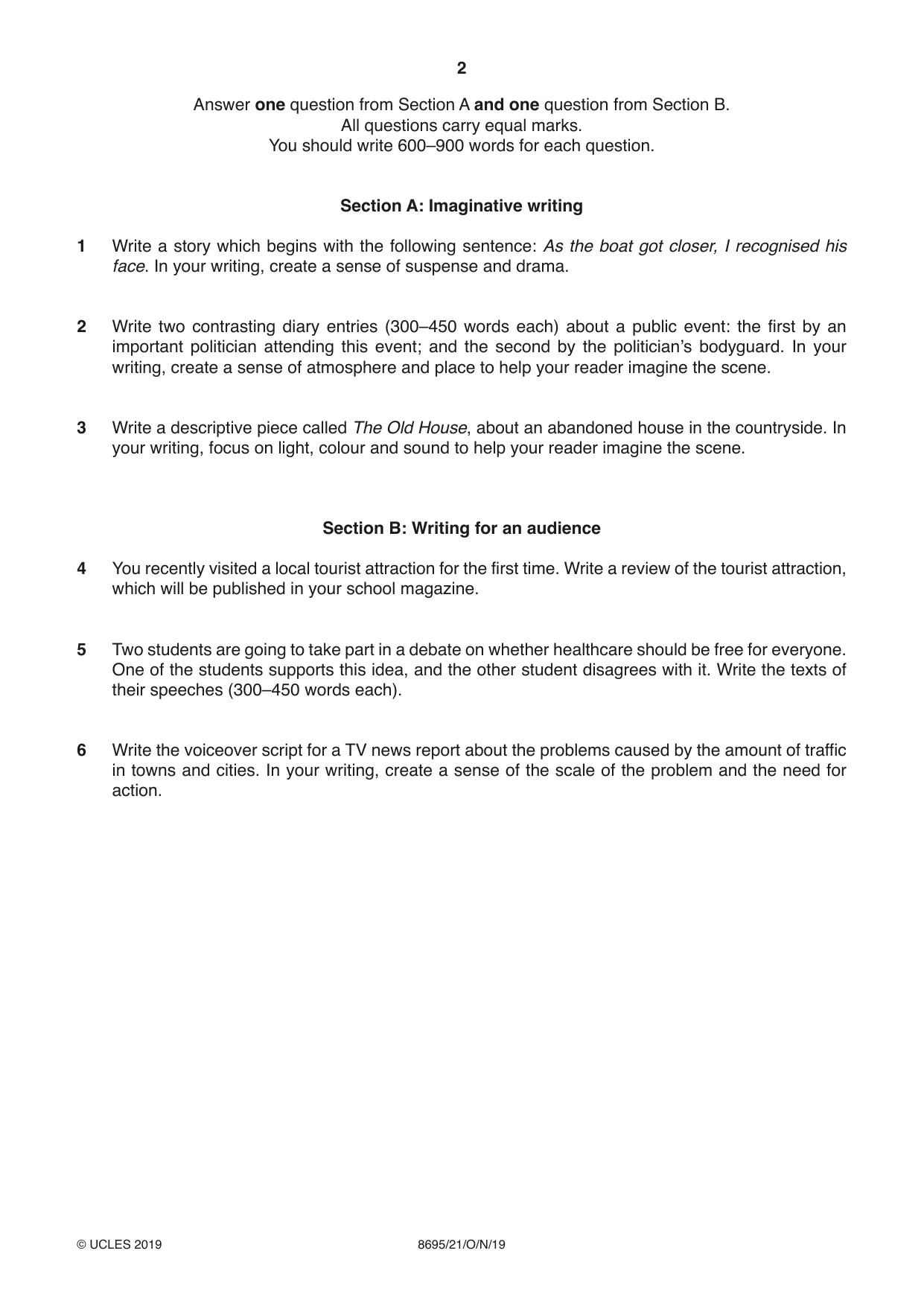 Cambridge A Level English - Language and Literature (AS Level only, from 2016) 8695 2019 Oct/Nov Paper 2 · Variant 1 question paper, page 2 of 4