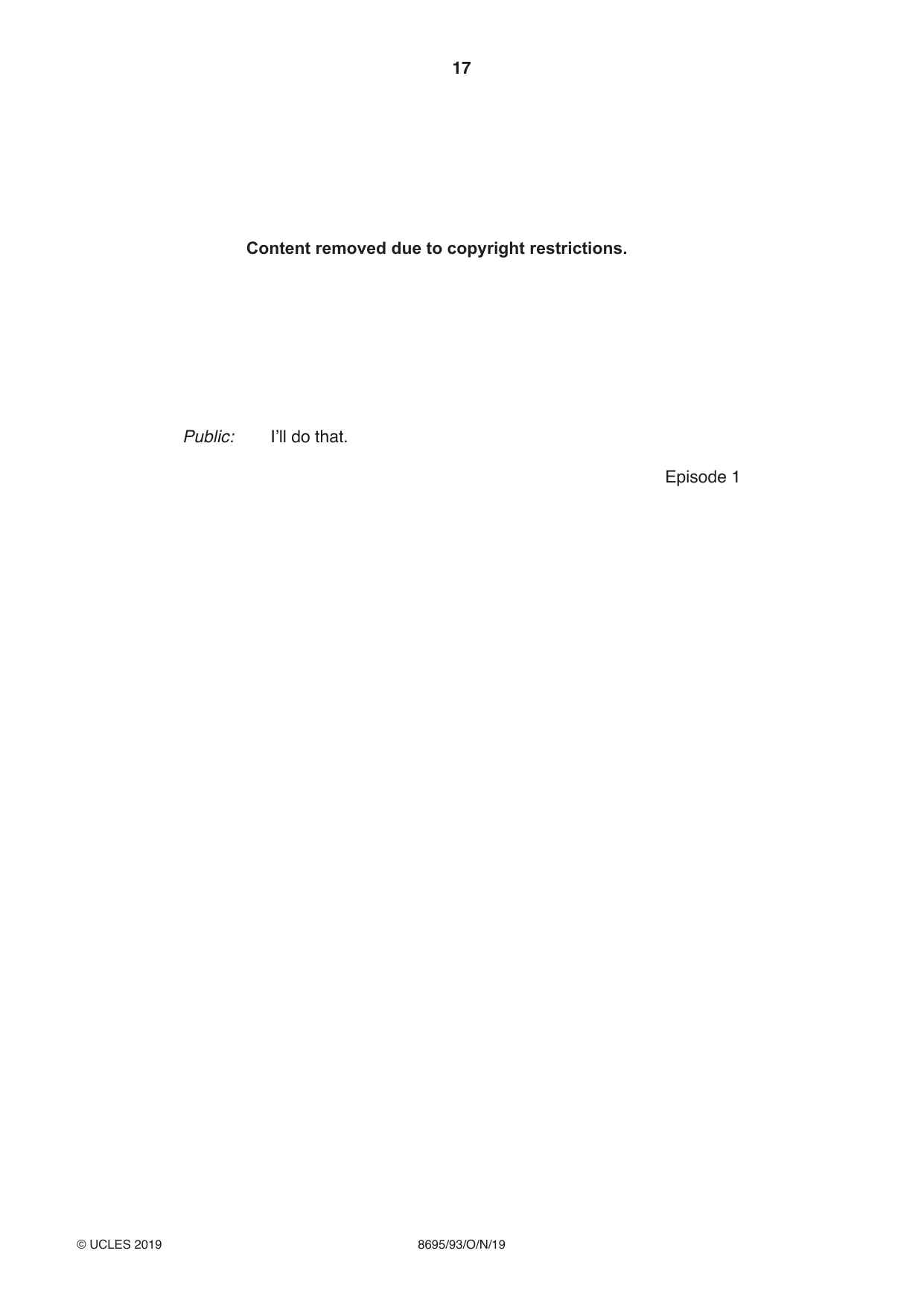 Cambridge A Level English - Language and Literature (AS Level only, from 2016) 8695 2019 Oct/Nov Paper 9 · Variant 3 question paper, page 17 of 20