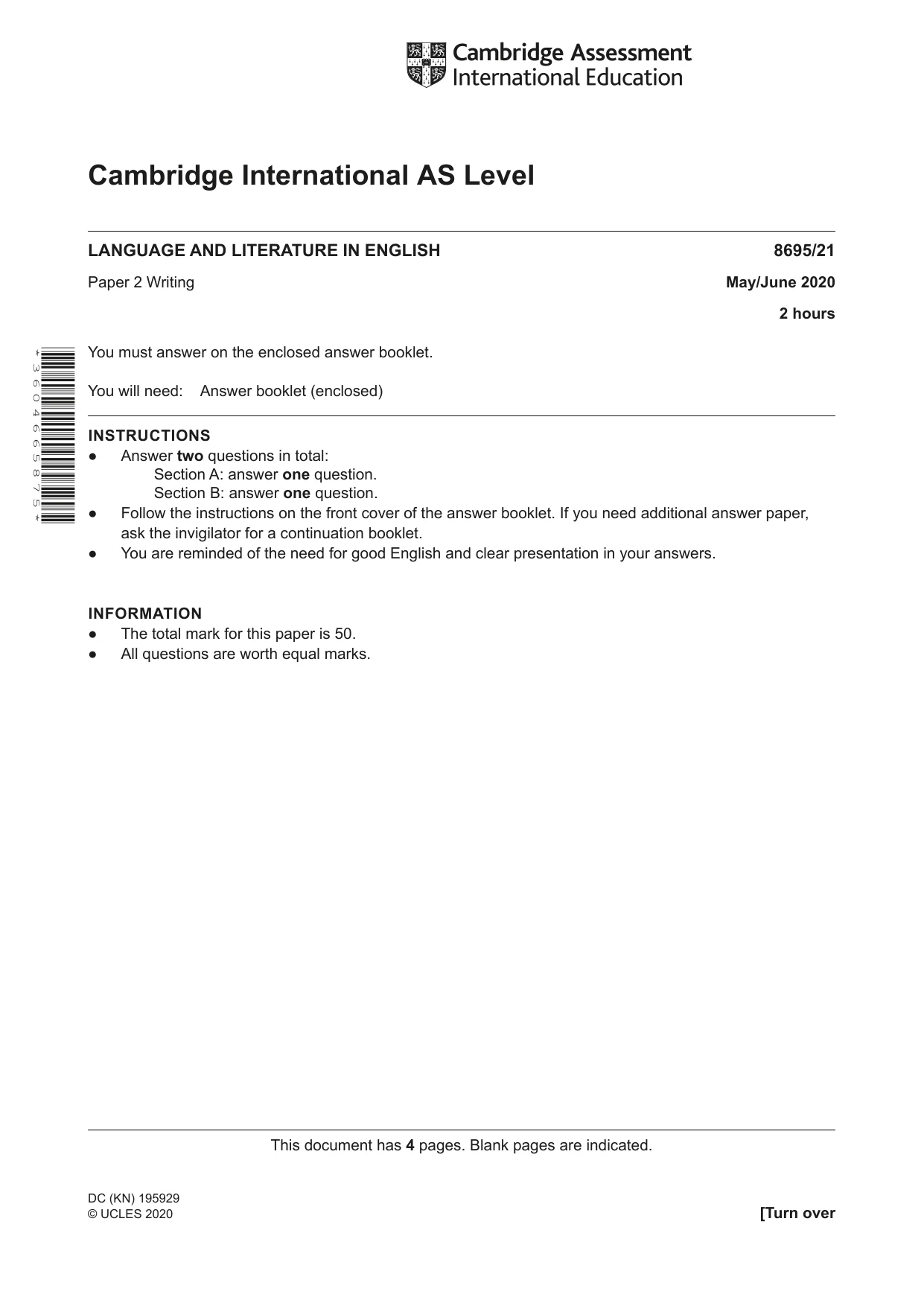 Cambridge A Level English - Language and Literature (AS Level only, from 2016) 8695 2020 May/June Paper 2 · Variant 1 question paper, page 1 of 4