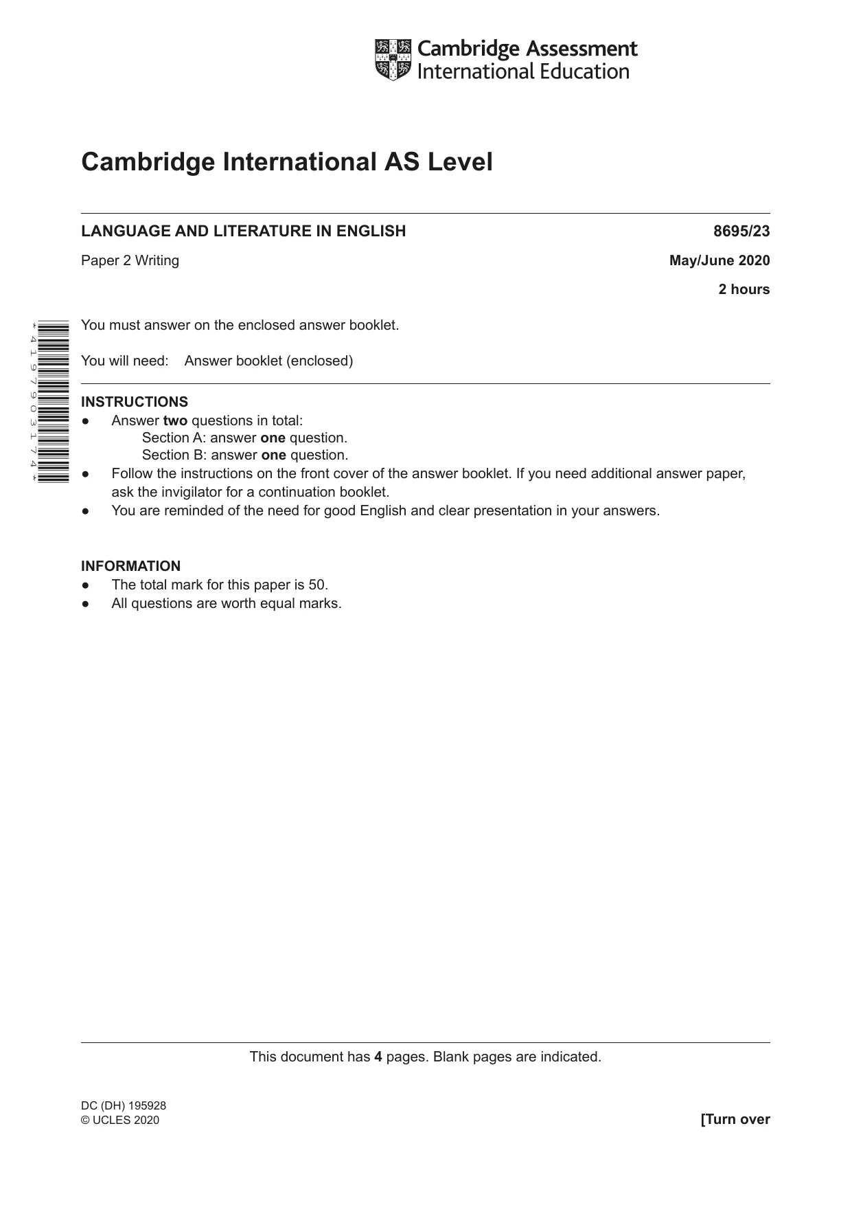 Cambridge A Level English - Language and Literature (AS Level only, from 2016) 8695 2020 May/June Paper 2 · Variant 3 question paper, page 1 of 4