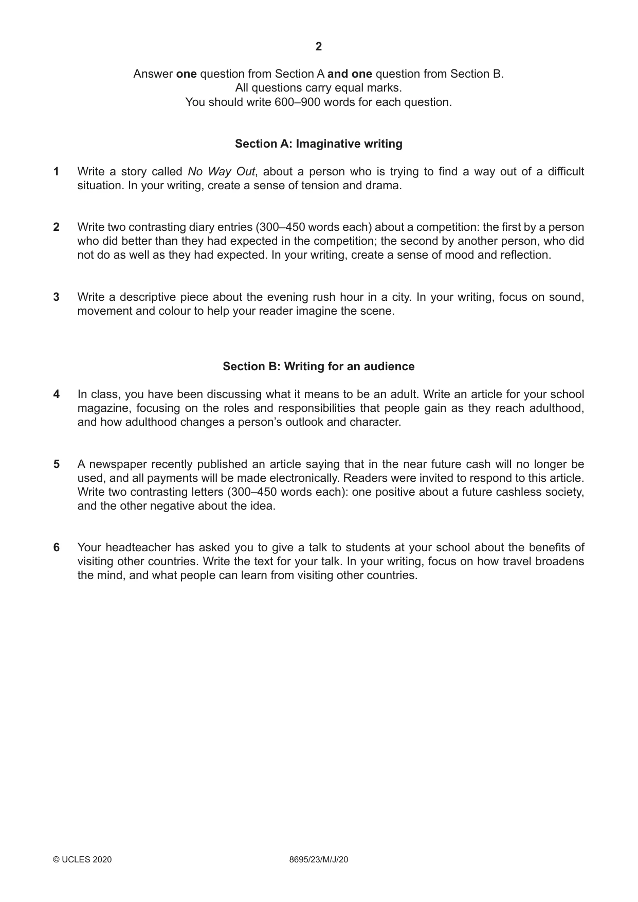 Cambridge A Level English - Language and Literature (AS Level only, from 2016) 8695 2020 May/June Paper 2 · Variant 3 question paper, page 2 of 4