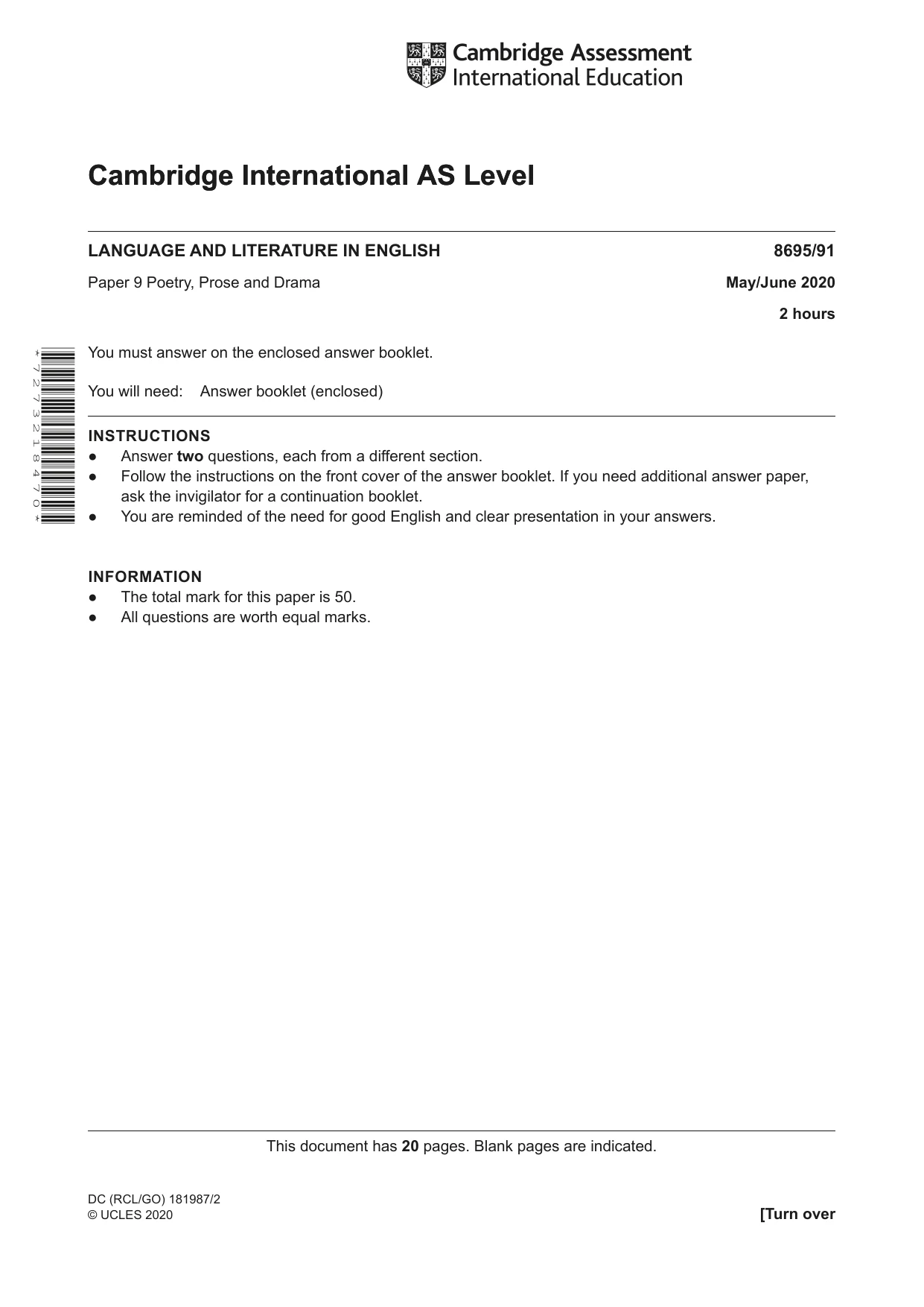 Cambridge A Level English - Language and Literature (AS Level only, from 2016) 8695 2020 May/June Paper 9 · Variant 1 question paper, page 1 of 20