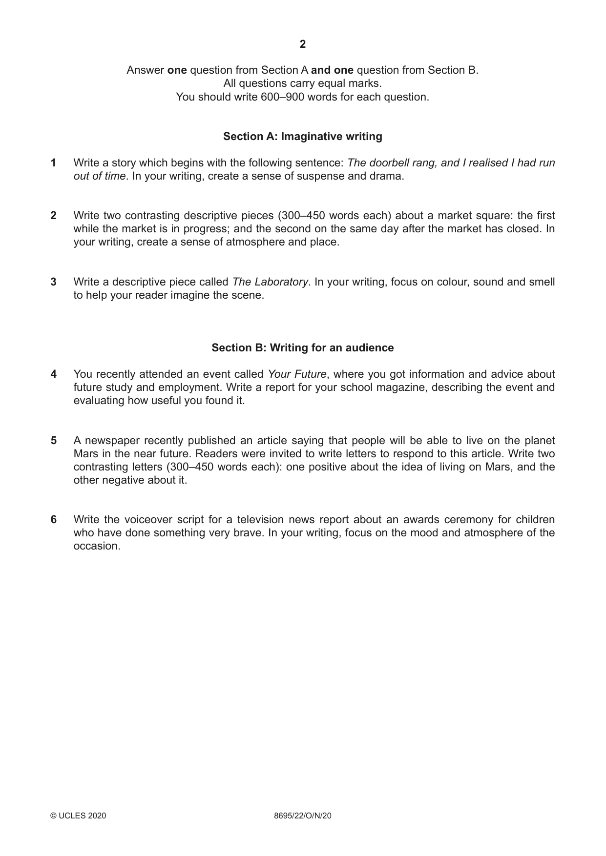 Cambridge A Level English - Language and Literature (AS Level only, from 2016) 8695 2020 Oct/Nov Paper 2 · Variant 2 question paper, page 2 of 4