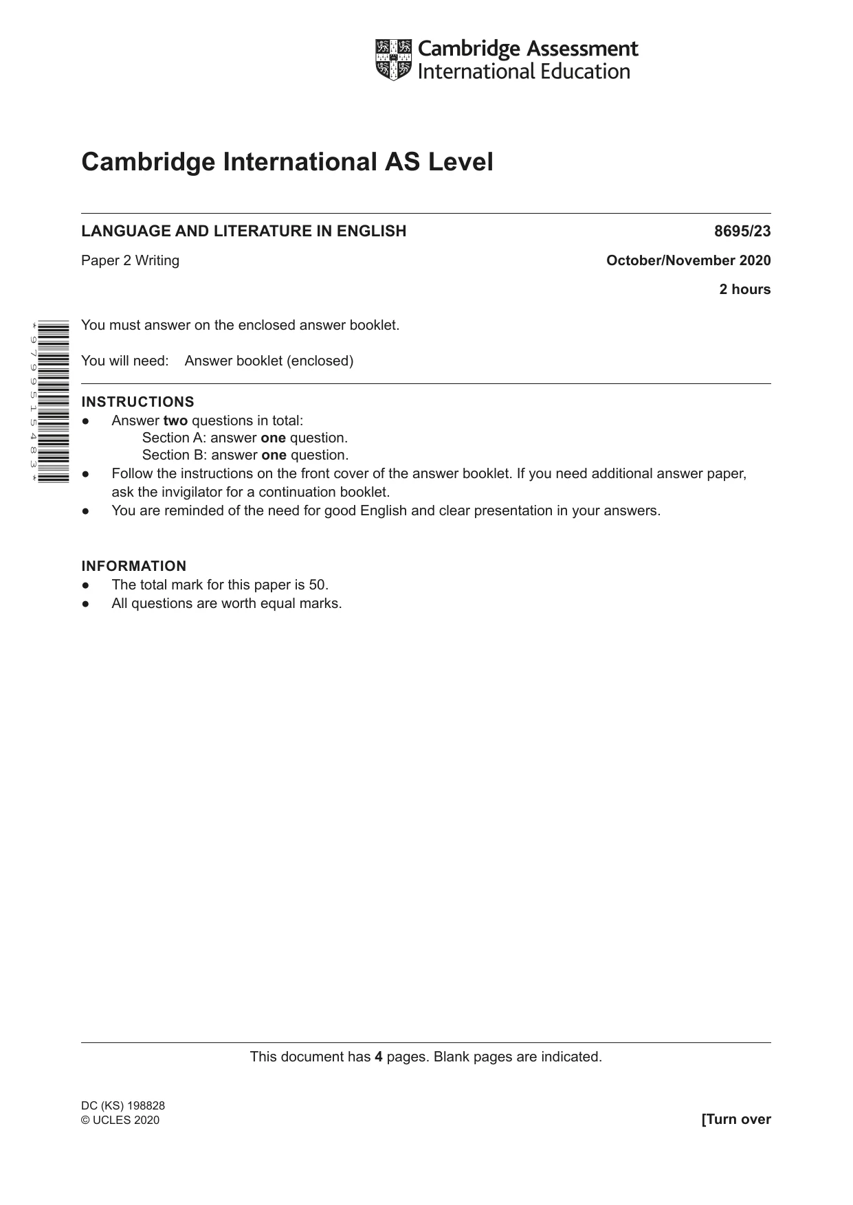 Cambridge A Level English - Language and Literature (AS Level only, from 2016) 8695 2020 Oct/Nov Paper 2 · Variant 3 question paper, page 1 of 4