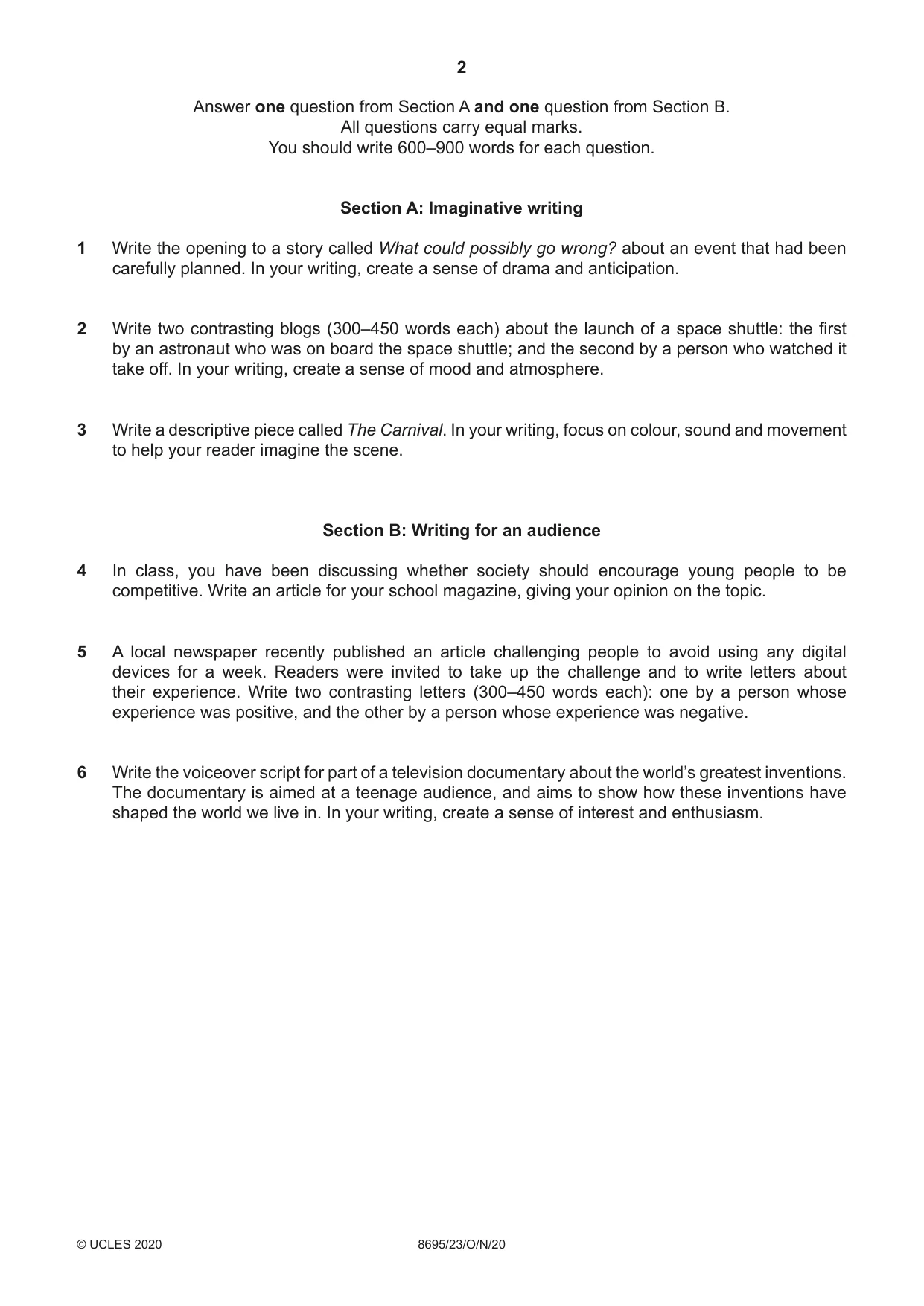 Cambridge A Level English - Language and Literature (AS Level only, from 2016) 8695 2020 Oct/Nov Paper 2 · Variant 3 question paper, page 2 of 4