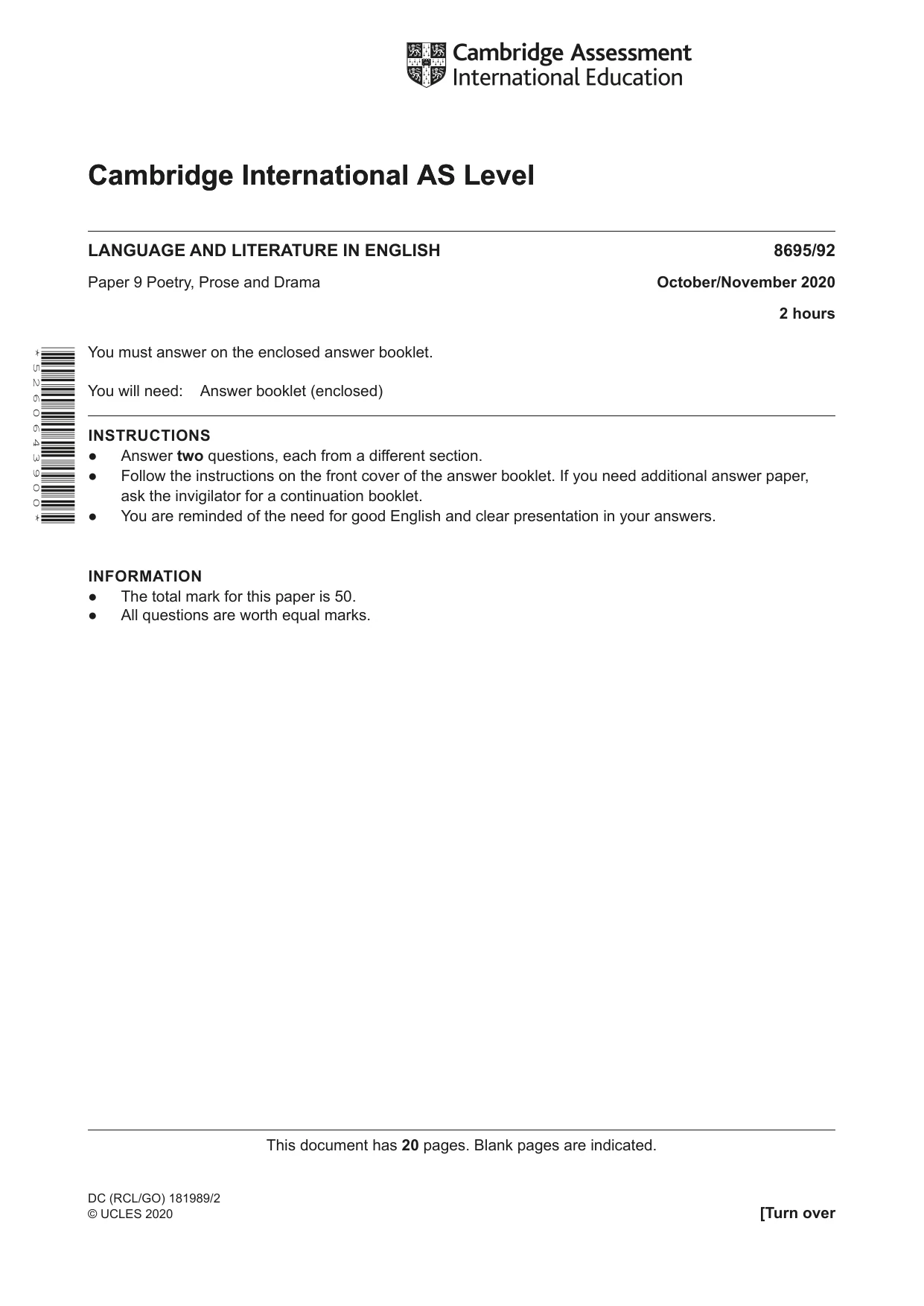 Cambridge A Level English - Language and Literature (AS Level only, from 2016) 8695 2020 Oct/Nov Paper 9 · Variant 2 question paper, page 1 of 20