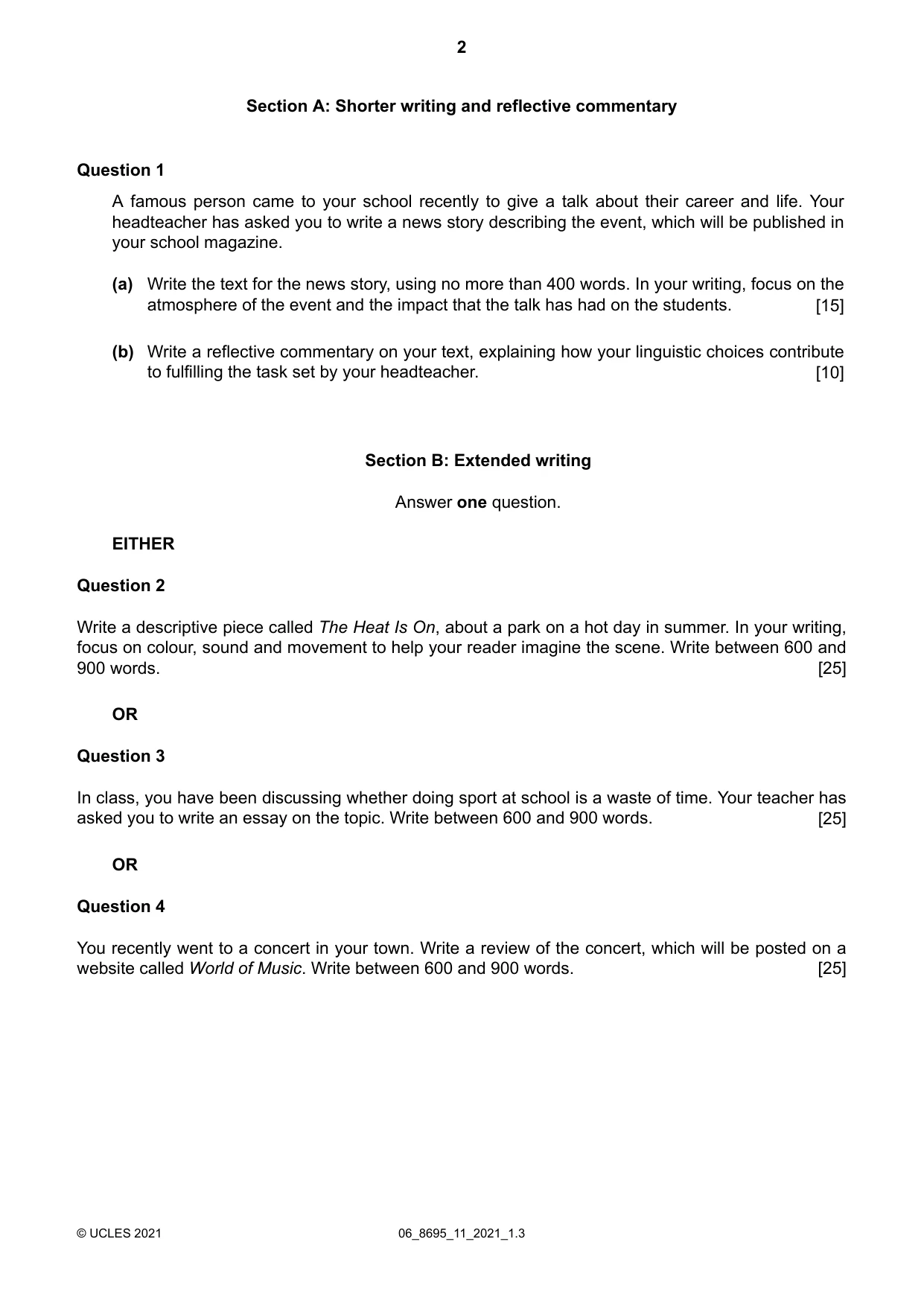 Cambridge A Level English - Language and Literature (AS Level only, from 2016) 8695 2021 May/June Paper 1 · Variant 1 question paper, page 2 of 4