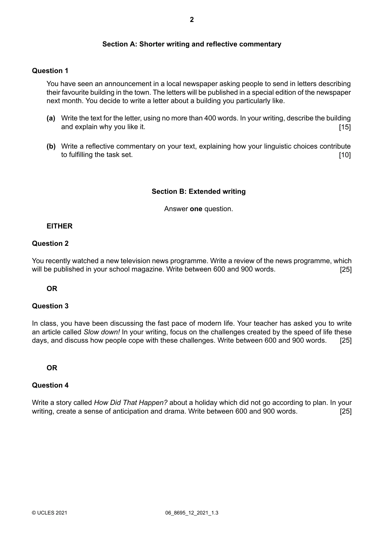 Cambridge A Level English - Language and Literature (AS Level only, from 2016) 8695 2021 May/June Paper 1 · Variant 2 question paper, page 2 of 4