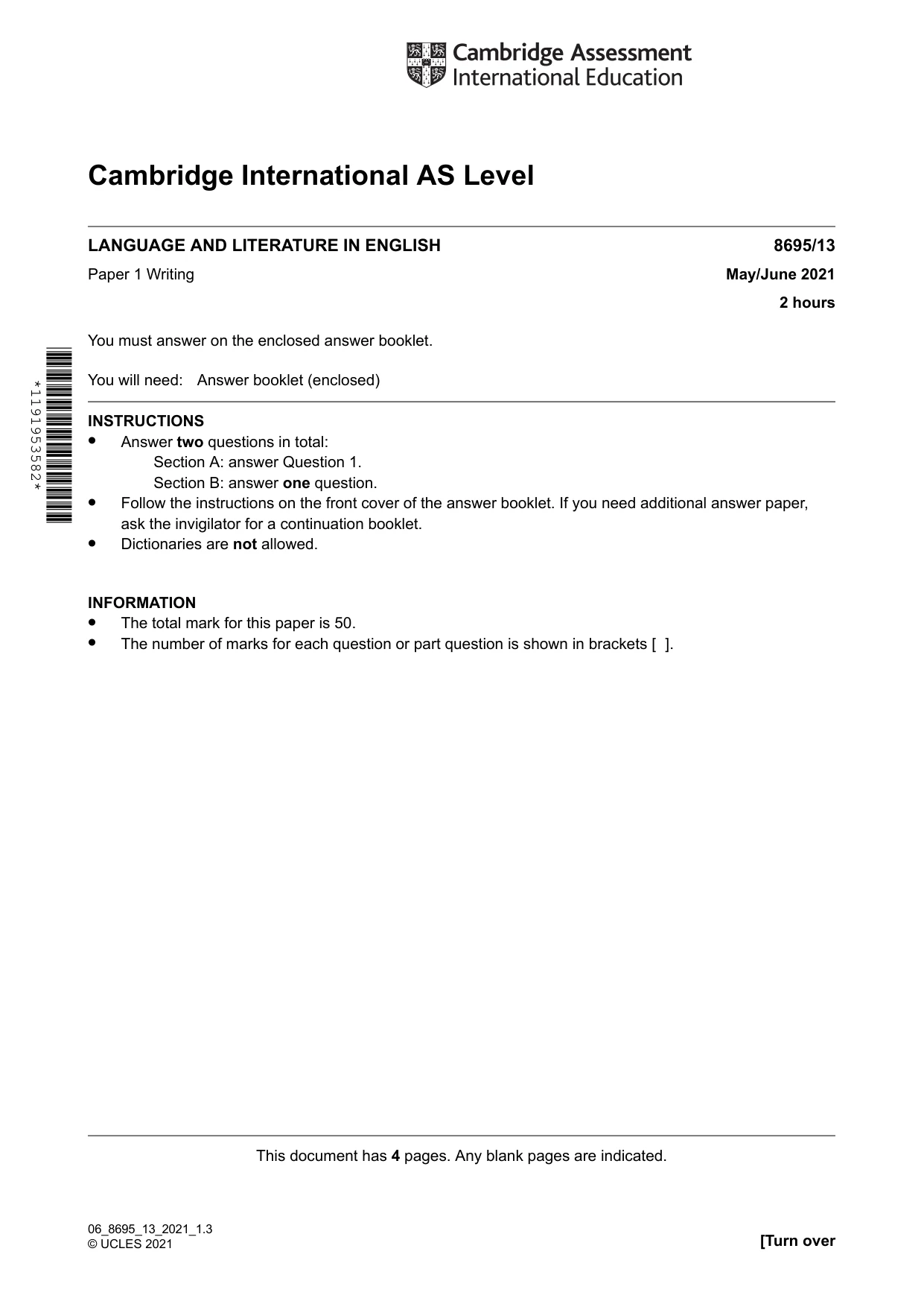 Cambridge A Level English - Language and Literature (AS Level only, from 2016) 8695 2021 May/June Paper 1 · Variant 3 question paper, page 1 of 4