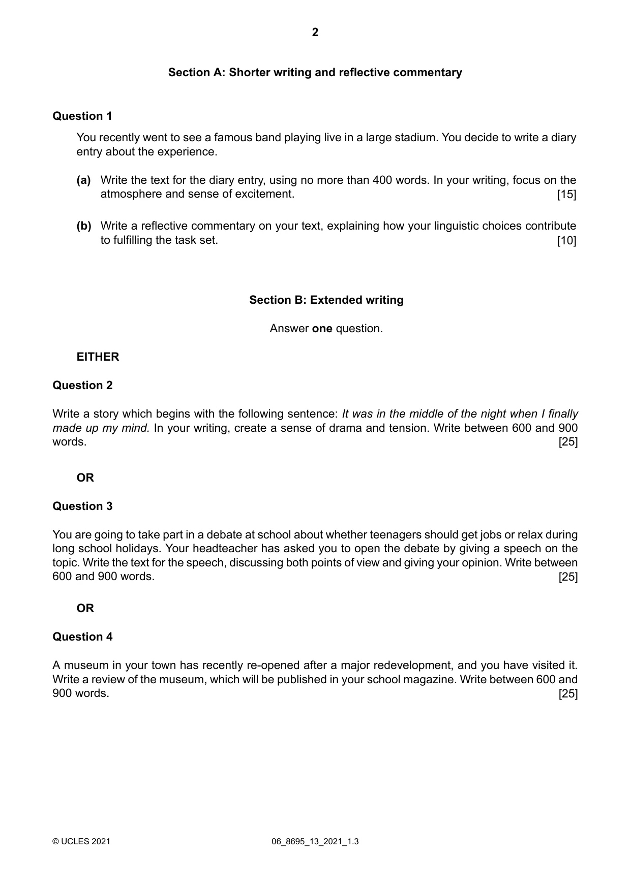 Cambridge A Level English - Language and Literature (AS Level only, from 2016) 8695 2021 May/June Paper 1 · Variant 3 question paper, page 2 of 4