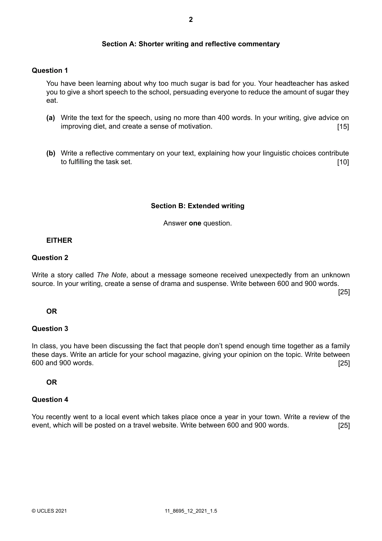 Cambridge A Level English - Language and Literature (AS Level only, from 2016) 8695 2021 Oct/Nov Paper 1 · Variant 2 question paper, page 2 of 4