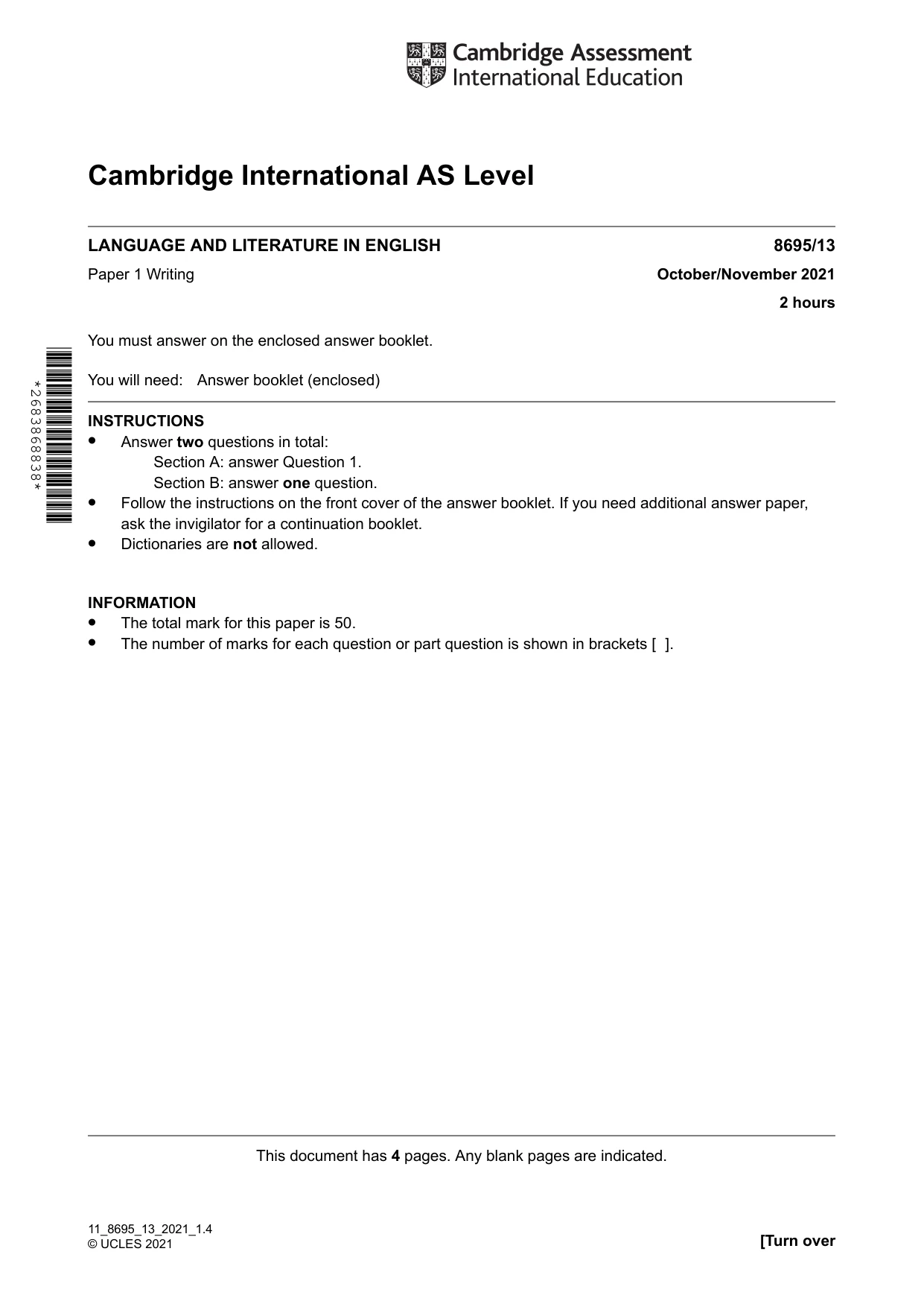 Cambridge A Level English - Language and Literature (AS Level only, from 2016) 8695 2021 Oct/Nov Paper 1 · Variant 3 question paper, page 1 of 4