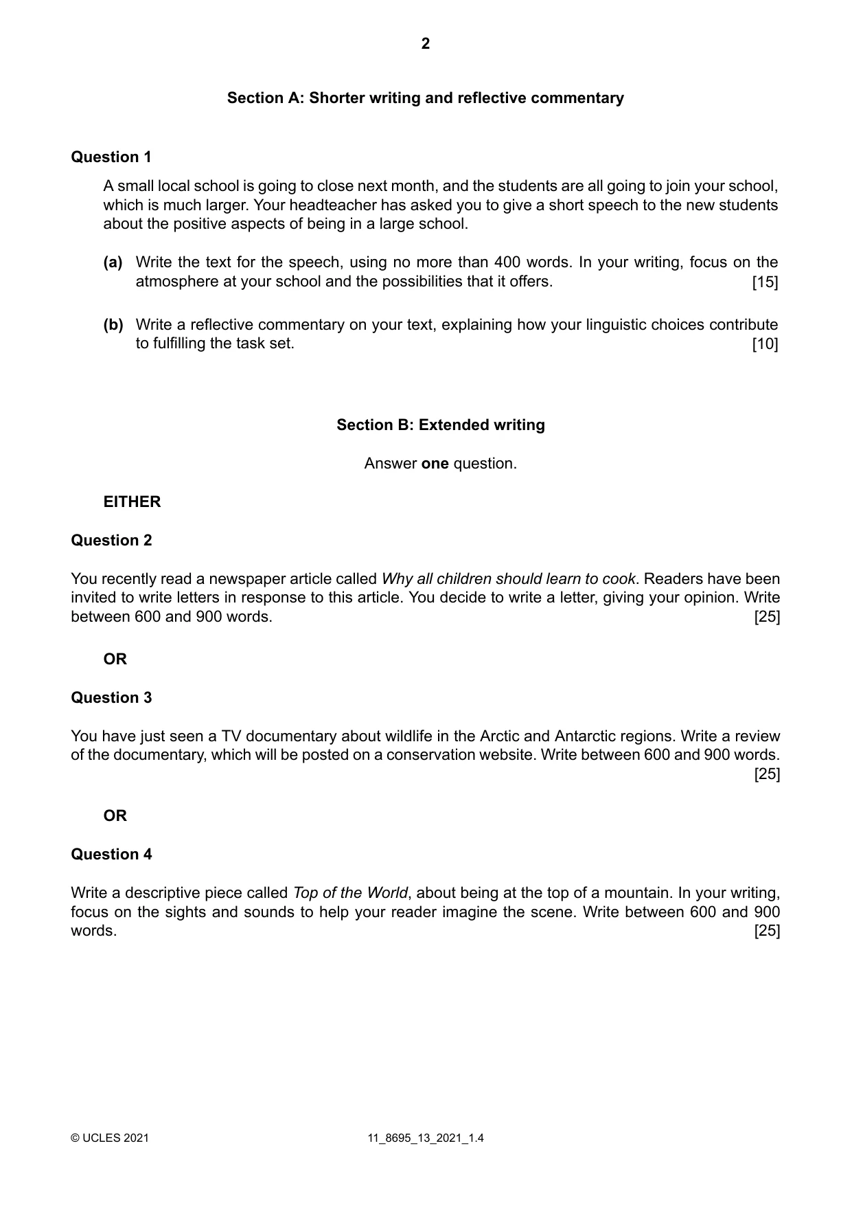 Cambridge A Level English - Language and Literature (AS Level only, from 2016) 8695 2021 Oct/Nov Paper 1 · Variant 3 question paper, page 2 of 4