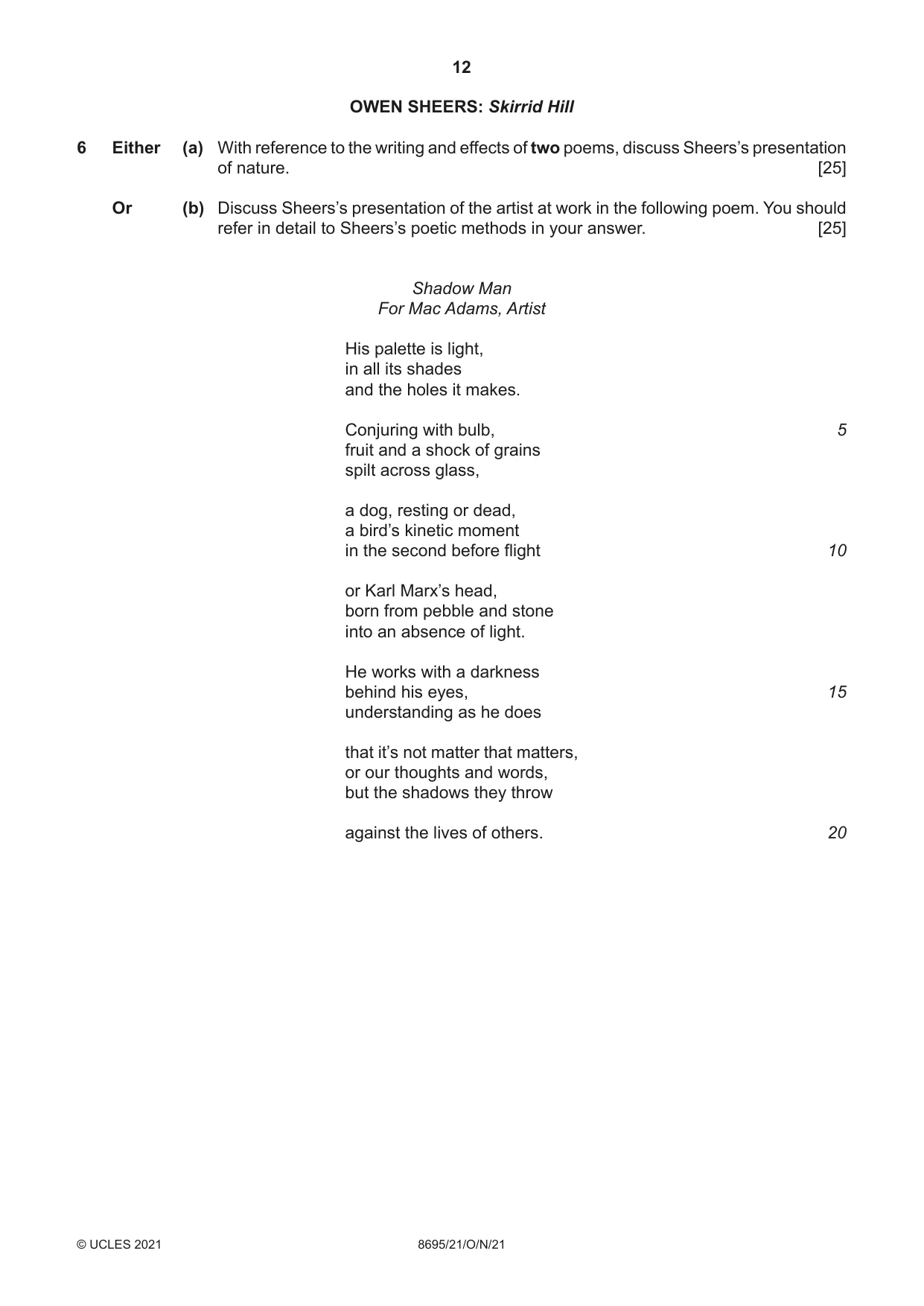 Cambridge A Level English - Language and Literature (AS Level only, from 2016) 8695 2021 Oct/Nov Paper 2 · Variant 1 question paper, page 12 of 24