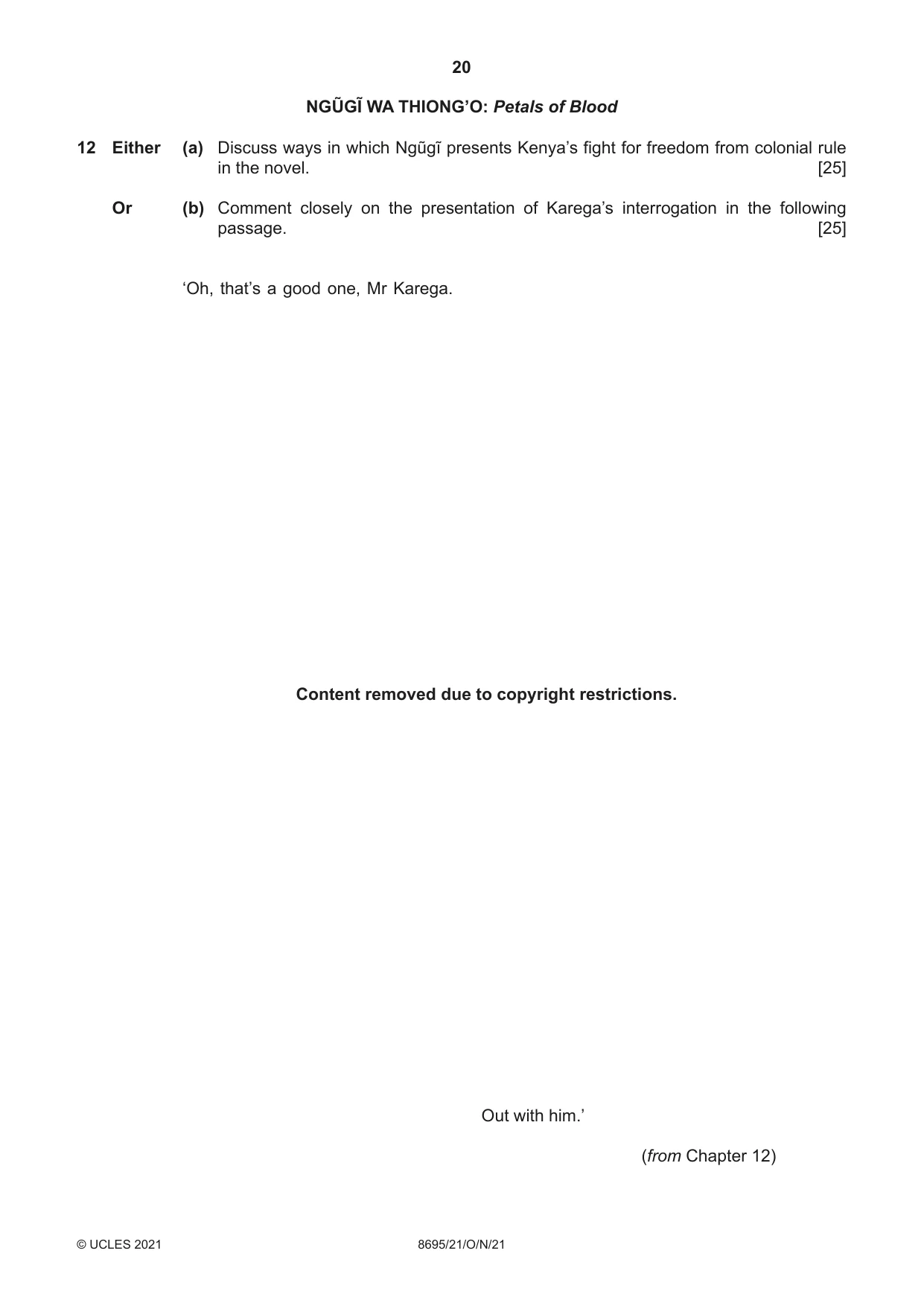 Cambridge A Level English - Language and Literature (AS Level only, from 2016) 8695 2021 Oct/Nov Paper 2 · Variant 1 question paper, page 20 of 24