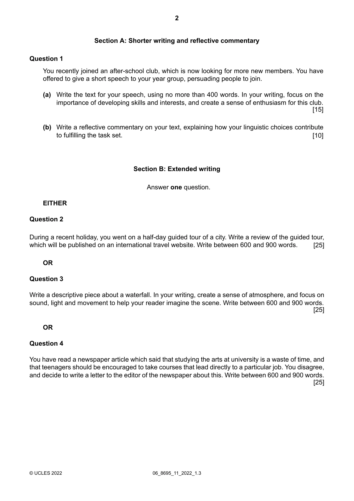 Cambridge A Level English - Language and Literature (AS Level only, from 2016) 8695 2022 May/June Paper 1 · Variant 1 question paper, page 2 of 4