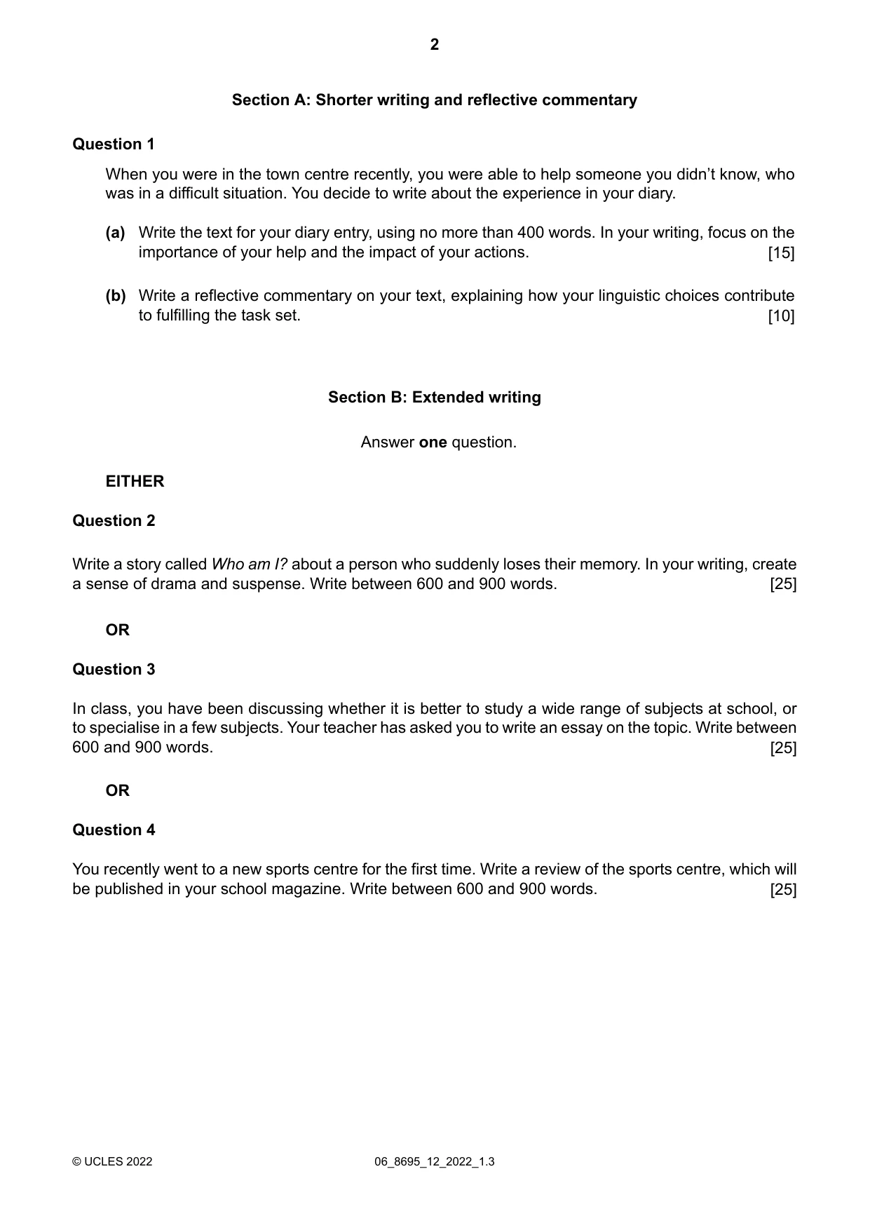 Cambridge A Level English - Language and Literature (AS Level only, from 2016) 8695 2022 May/June Paper 1 · Variant 2 question paper, page 2 of 4