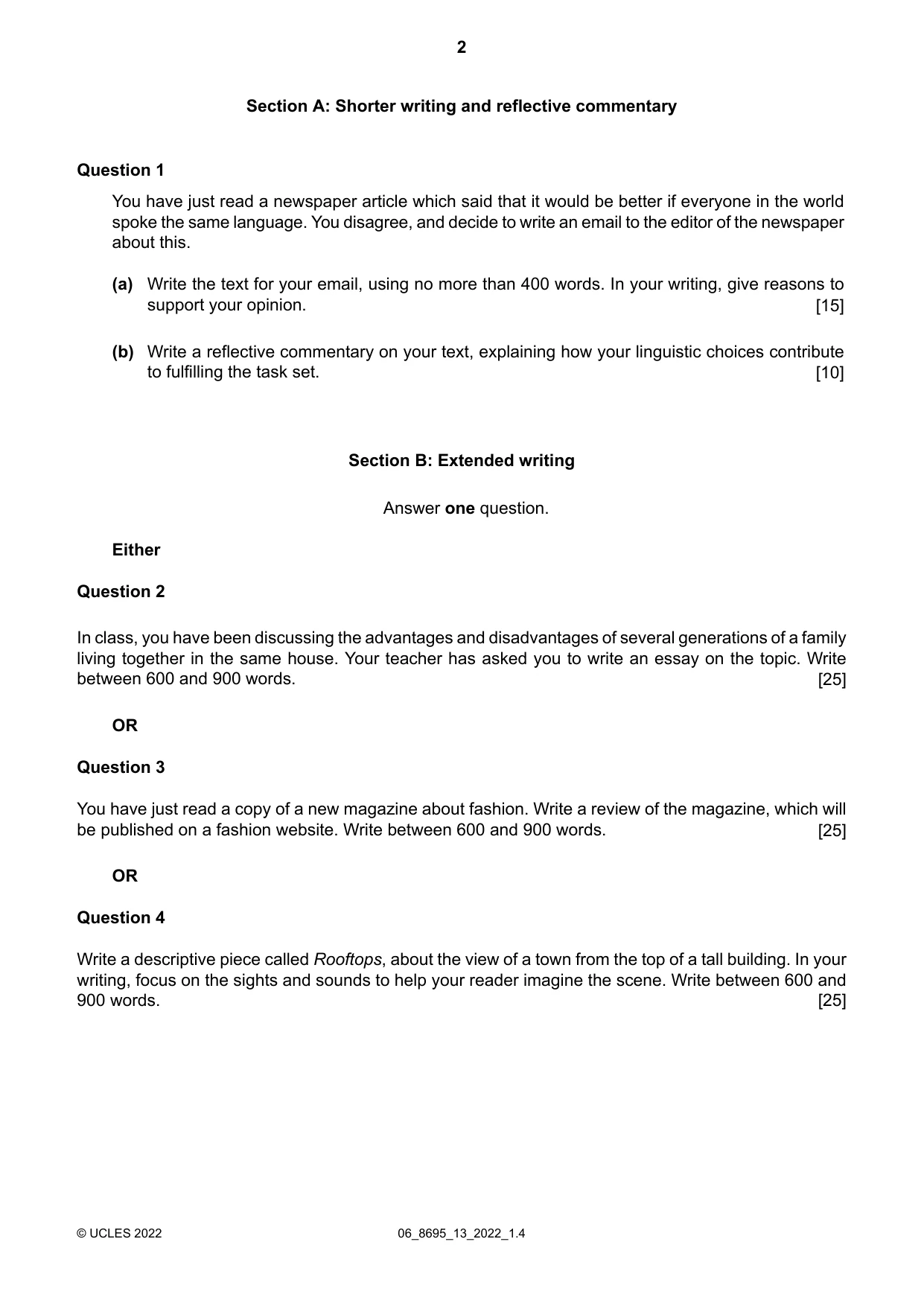 Cambridge A Level English - Language and Literature (AS Level only, from 2016) 8695 2022 May/June Paper 1 · Variant 3 question paper, page 2 of 4