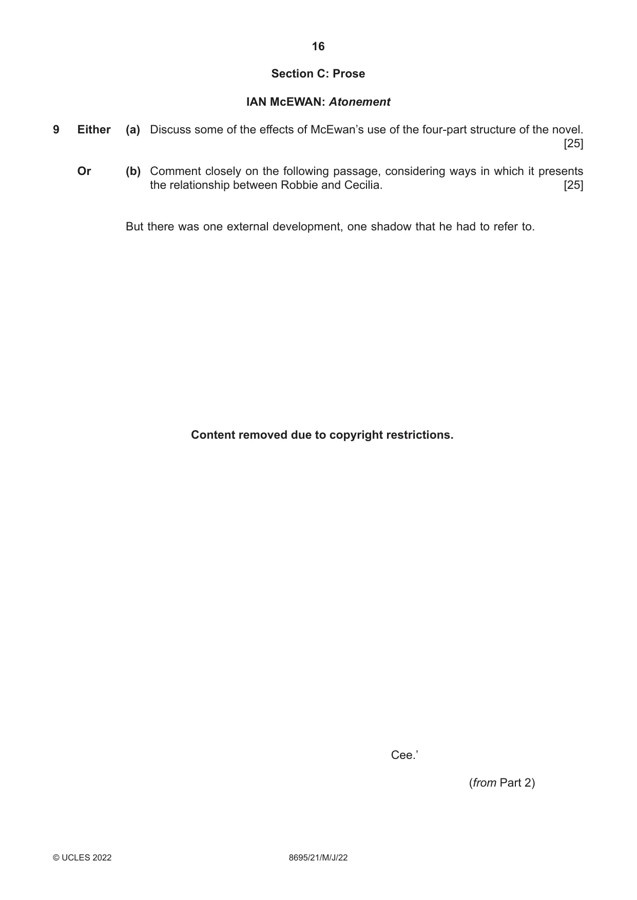 Cambridge A Level English - Language and Literature (AS Level only, from 2016) 8695 2022 May/June Paper 2 · Variant 1 question paper, page 16 of 24