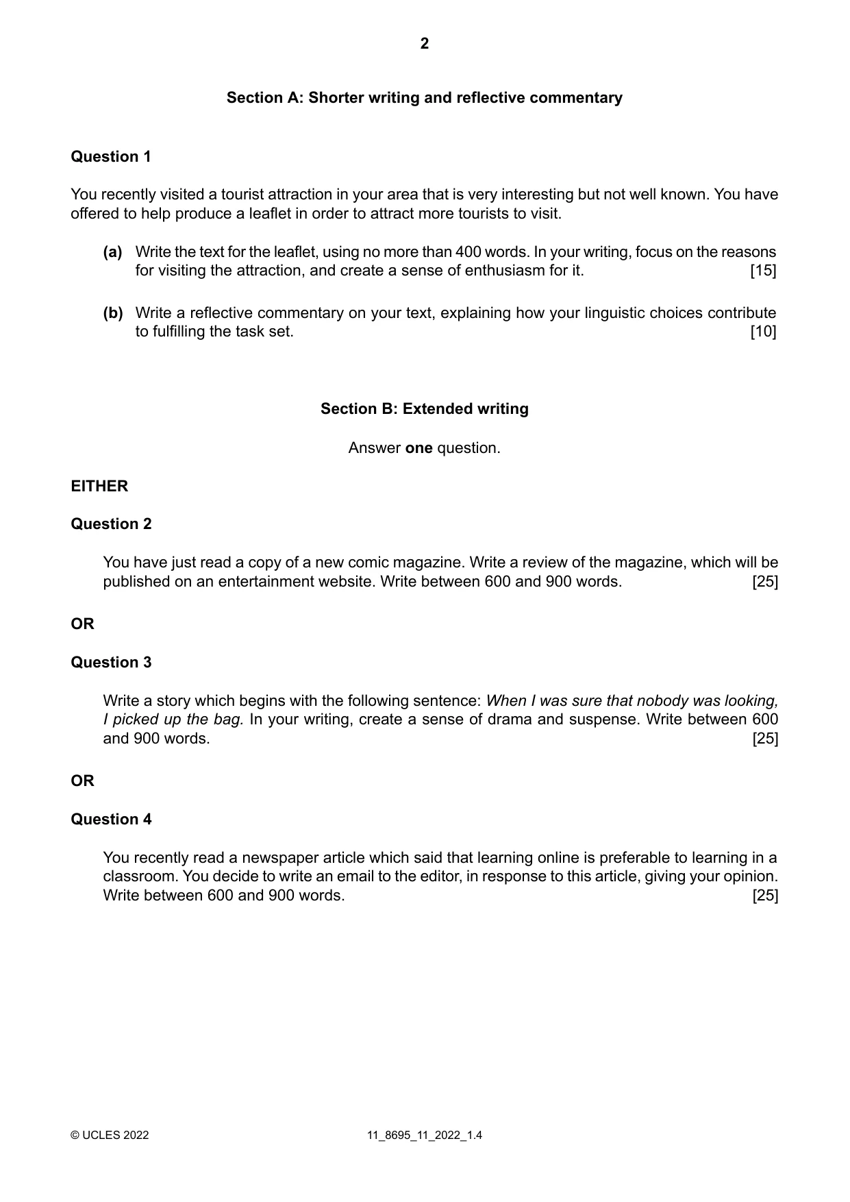 Cambridge A Level English - Language and Literature (AS Level only, from 2016) 8695 2022 Oct/Nov Paper 1 · Variant 1 question paper, page 2 of 4