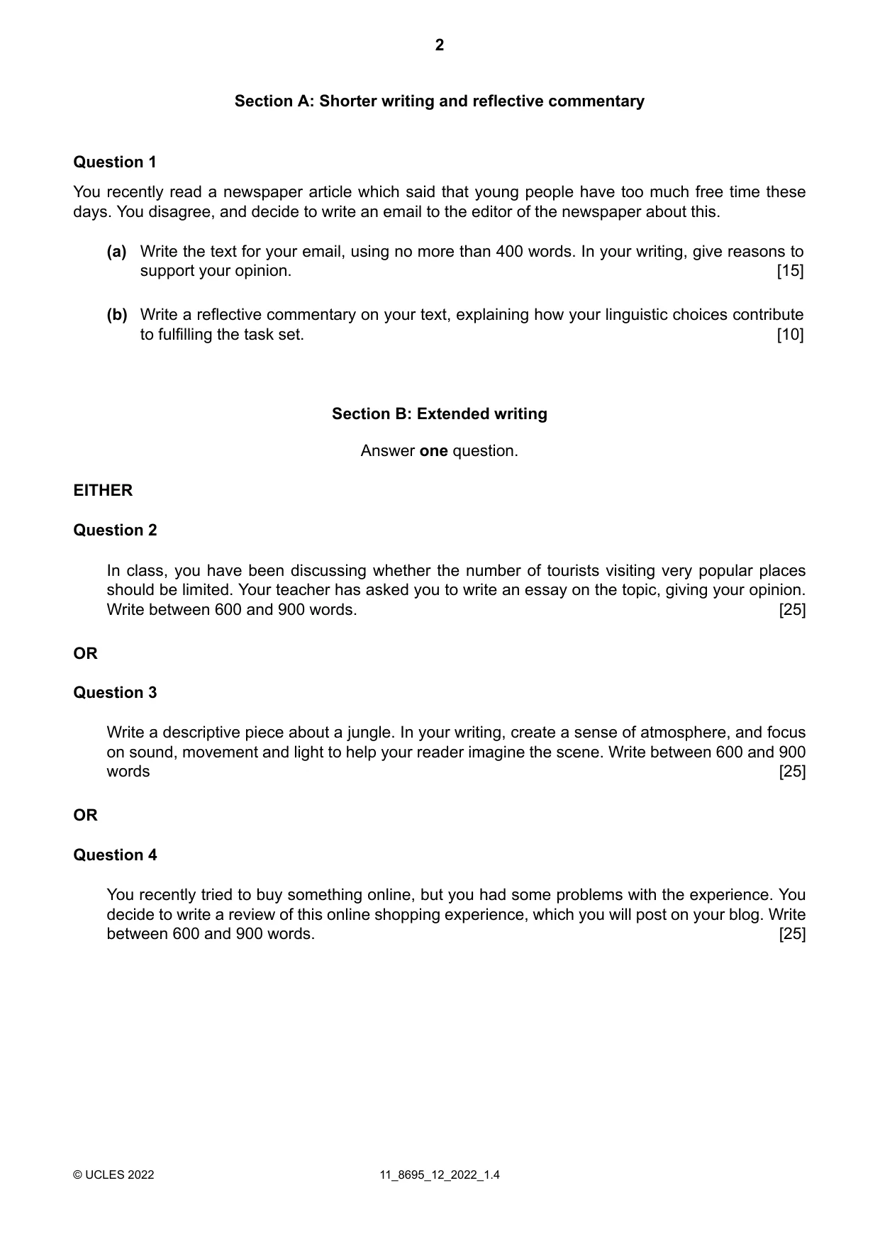 Cambridge A Level English - Language and Literature (AS Level only, from 2016) 8695 2022 Oct/Nov Paper 1 · Variant 2 question paper, page 2 of 4