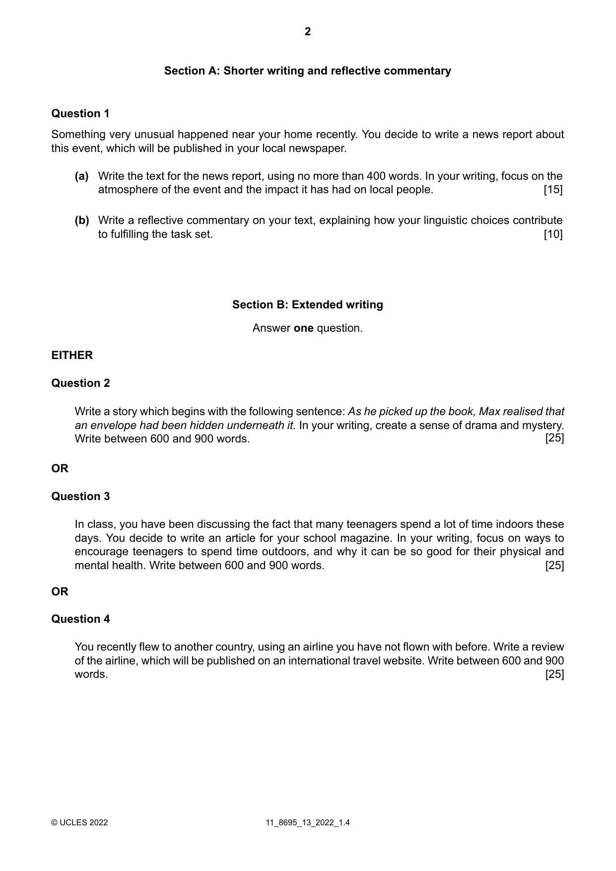 Cambridge A Level English - Language and Literature (AS Level only, from 2016) 8695 2022 Oct/Nov Paper 1 · Variant 3 question paper, page 2 of 4