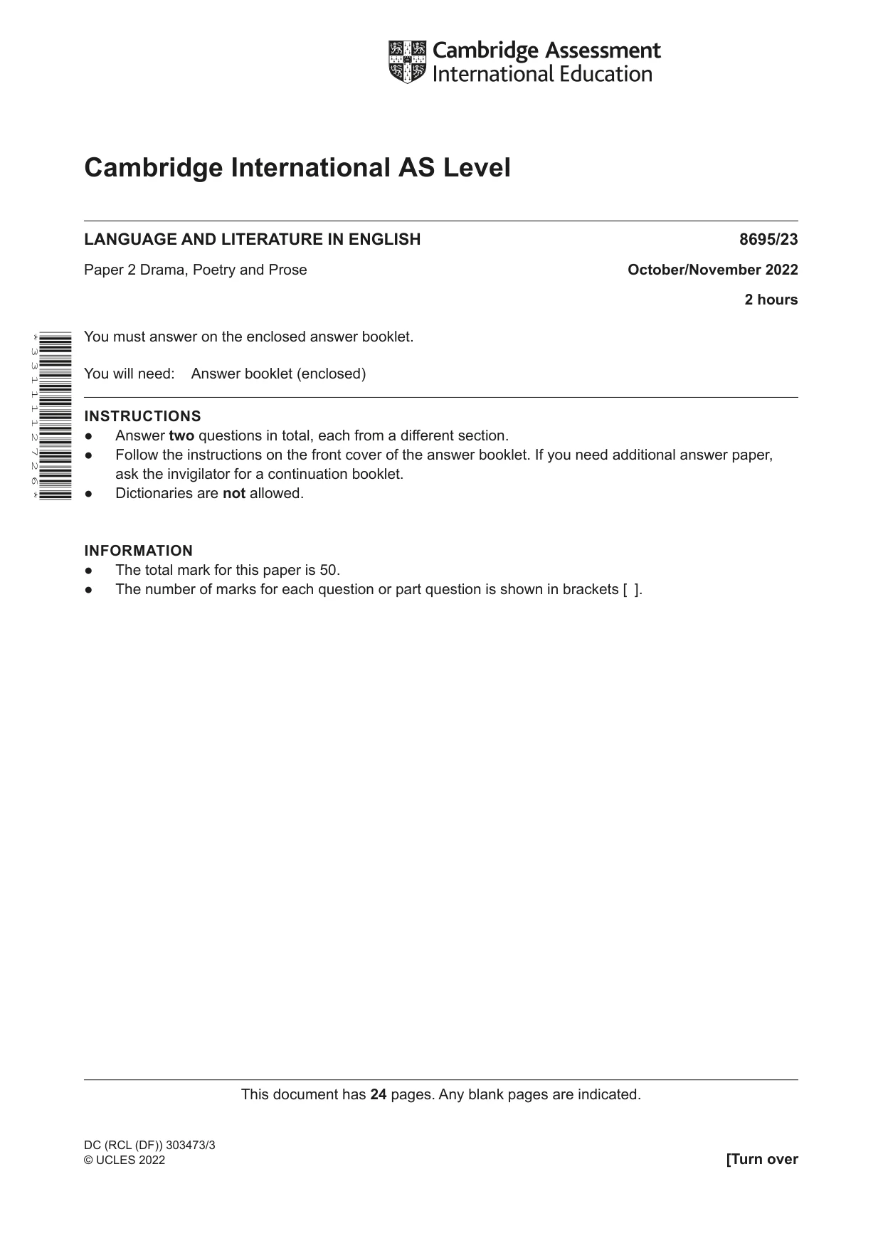 Cambridge A Level English - Language and Literature (AS Level only, from 2016) 8695 2022 Oct/Nov Paper 2 · Variant 3 question paper, page 1 of 24
