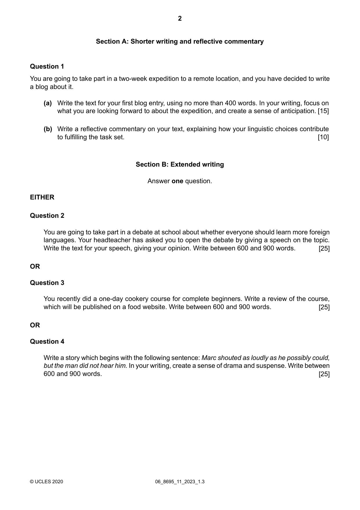 Cambridge A Level English - Language and Literature (AS Level only, from 2016) 8695 2023 May/June Paper 1 · Variant 1 question paper, page 2 of 4