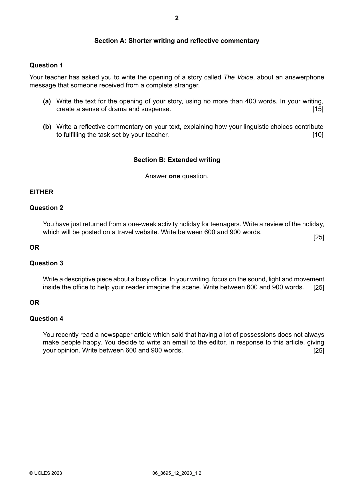 Cambridge A Level English - Language and Literature (AS Level only, from 2016) 8695 2023 May/June Paper 1 · Variant 2 question paper, page 2 of 4