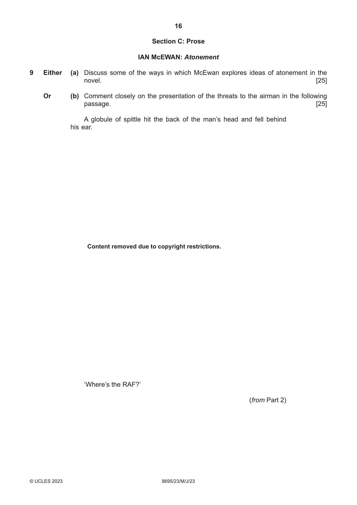 Cambridge A Level English - Language and Literature (AS Level only, from 2016) 8695 2023 May/June Paper 2 · Variant 3 question paper, page 16 of 20