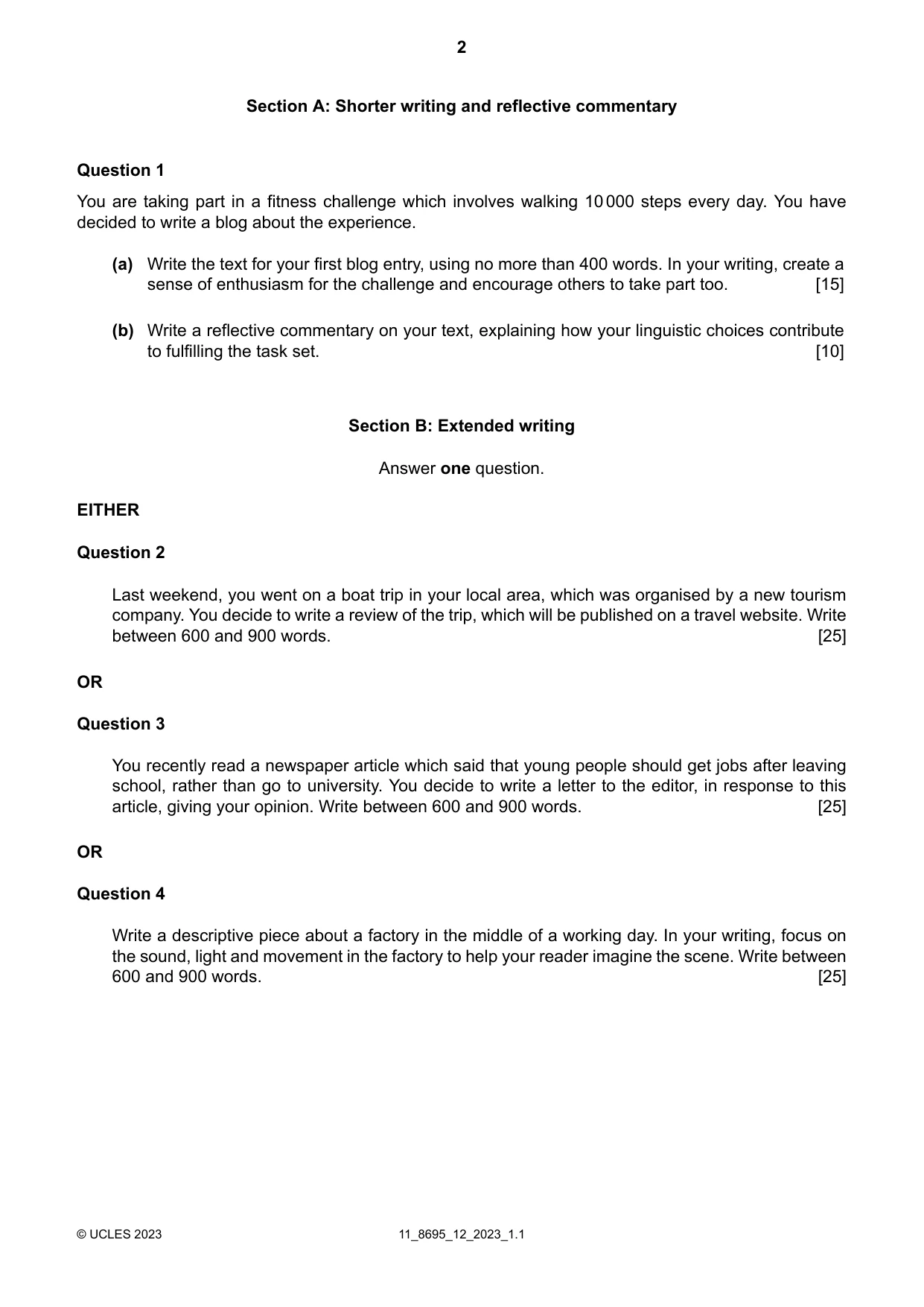 Cambridge A Level English - Language and Literature (AS Level only, from 2016) 8695 2023 Oct/Nov Paper 1 · Variant 2 question paper, page 2 of 4