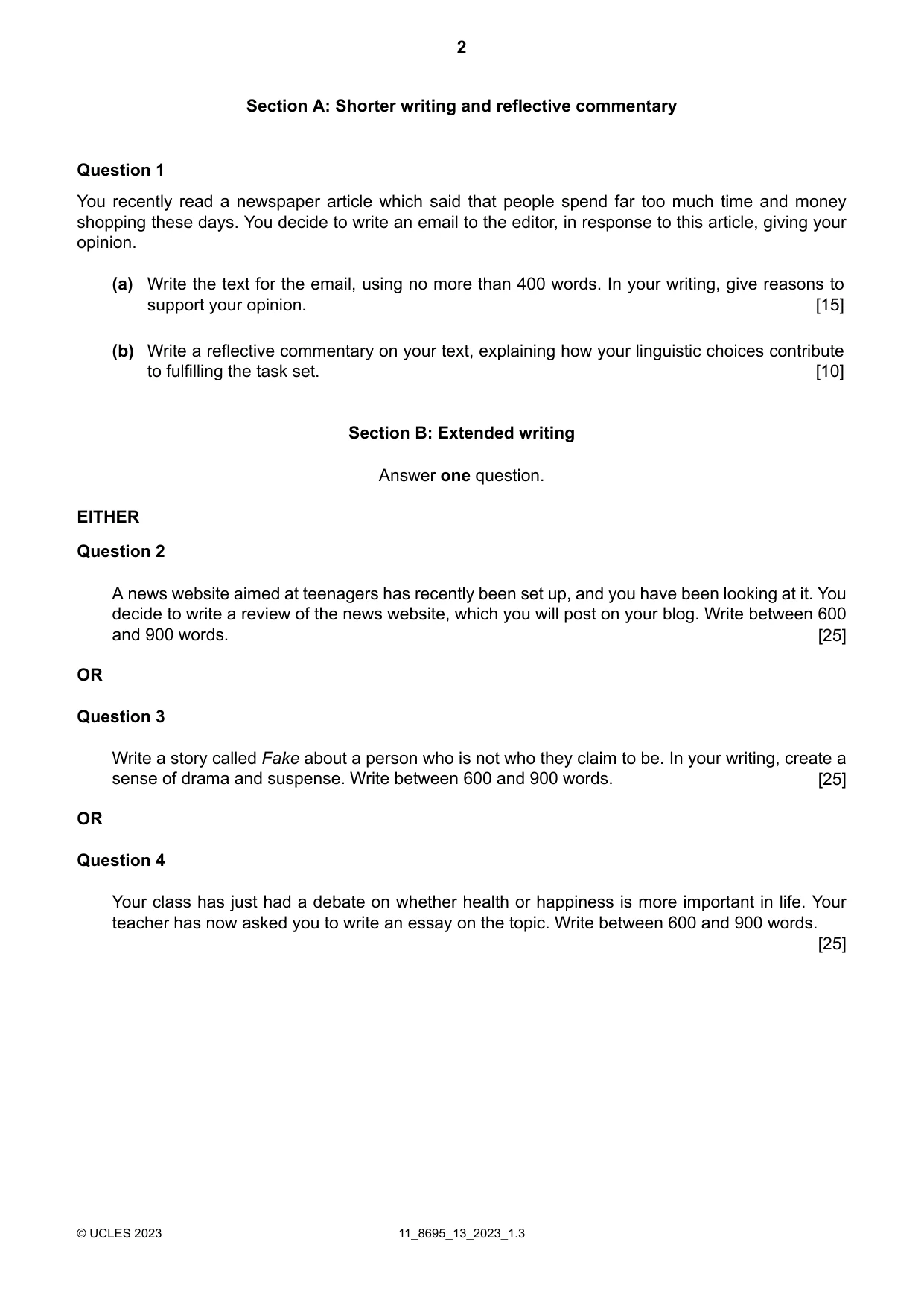 Cambridge A Level English - Language and Literature (AS Level only, from 2016) 8695 2023 Oct/Nov Paper 1 · Variant 3 question paper, page 2 of 4