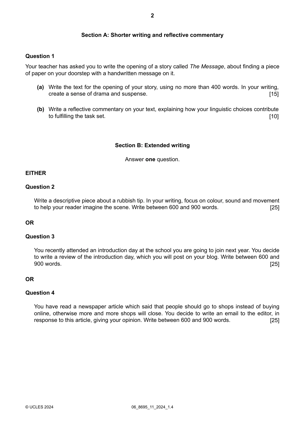Cambridge A Level English - Language and Literature (AS Level only, from 2016) 8695 2024 May/June Paper 1 · Variant 1 question paper, page 2 of 4