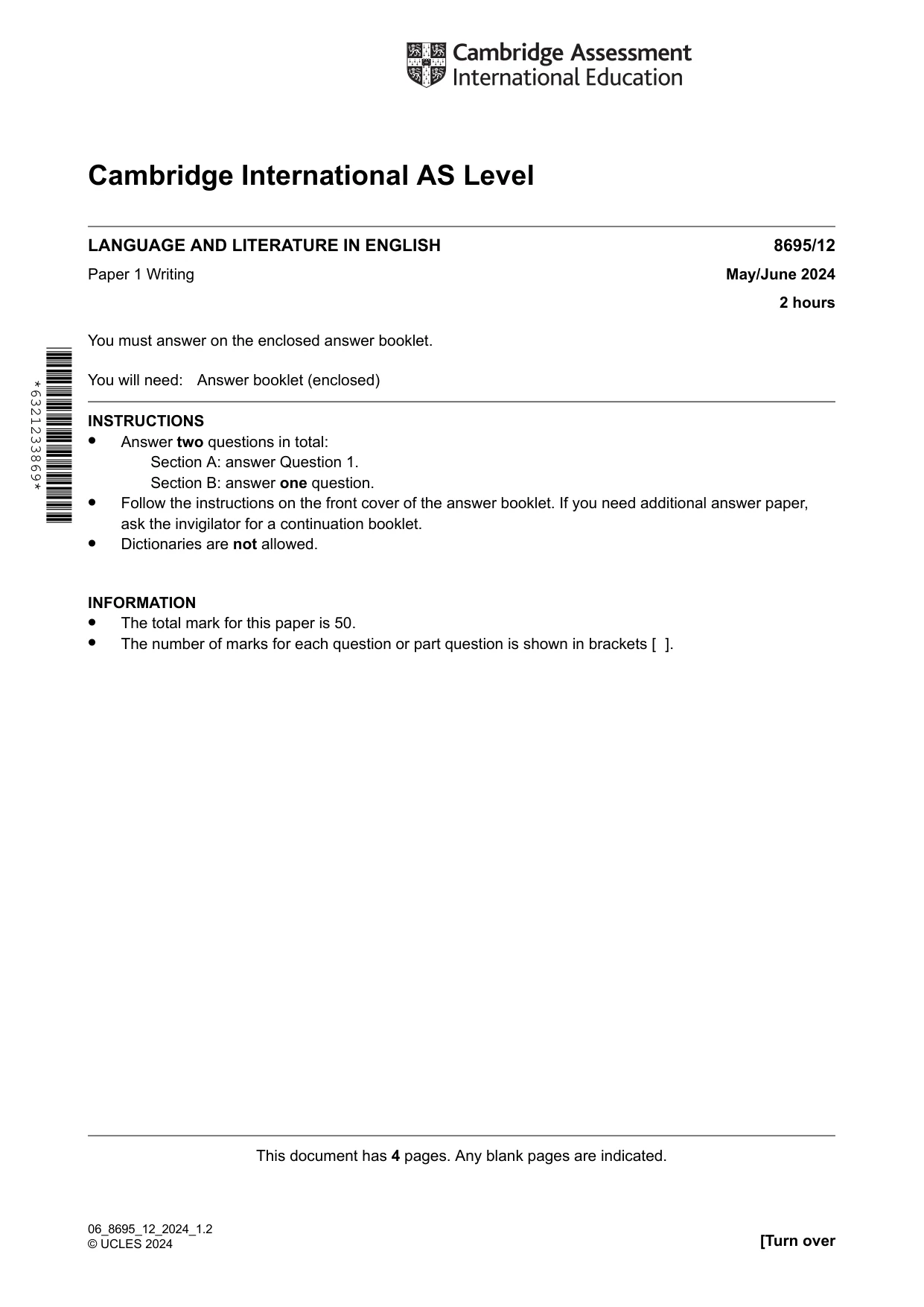 Cambridge A Level English - Language and Literature (AS Level only, from 2016) 8695 2024 May/June Paper 1 · Variant 2 question paper, page 1 of 4