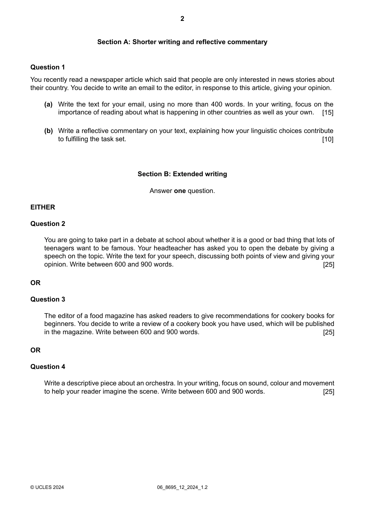 Cambridge A Level English - Language and Literature (AS Level only, from 2016) 8695 2024 May/June Paper 1 · Variant 2 question paper, page 2 of 4
